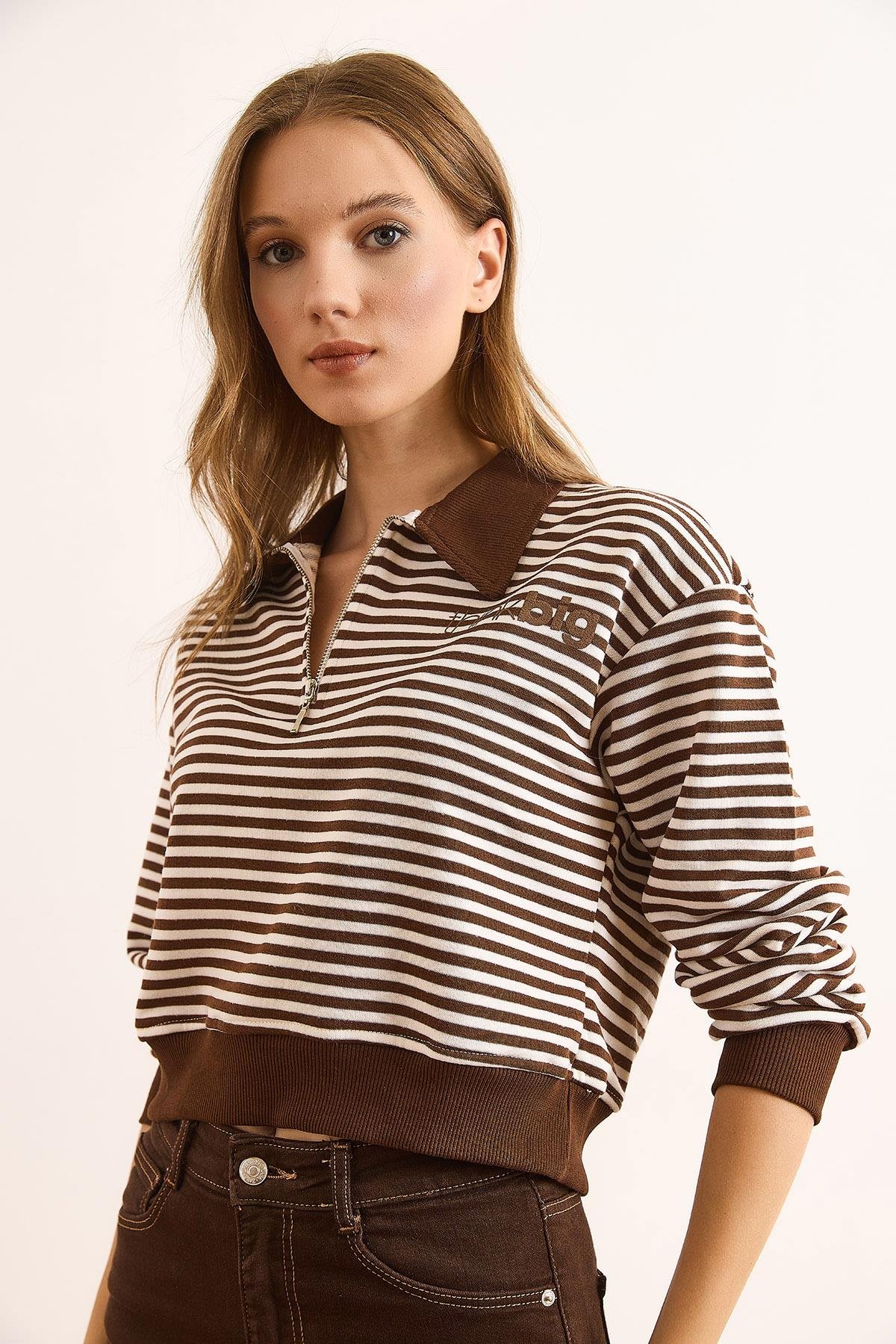 Polo Yaka Fermuarlı Çizgili Şardonsuz Crop Sweatshirt Kahverengi