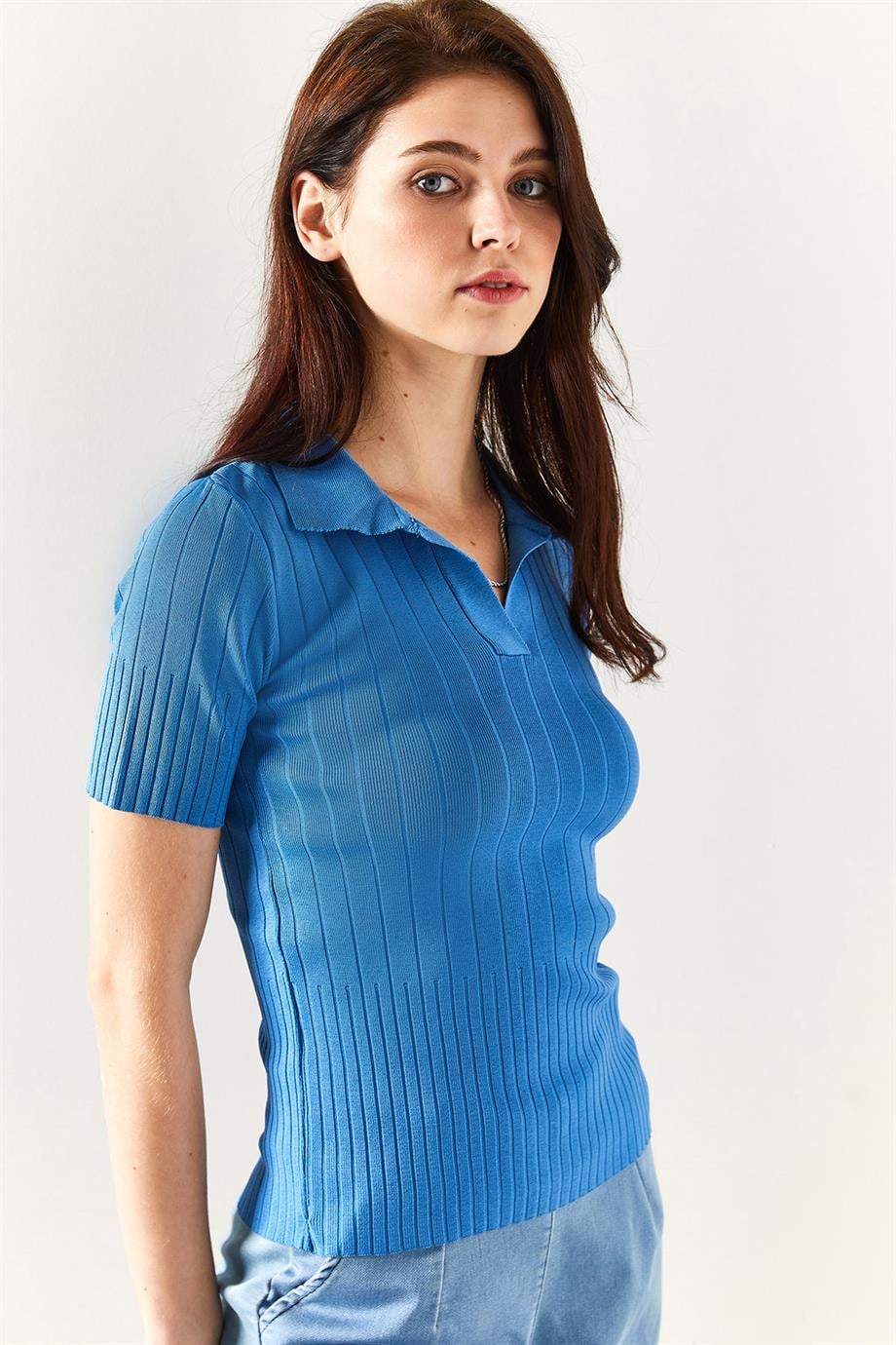 Polo Yaka Fitilli Triko Bluz İndigo