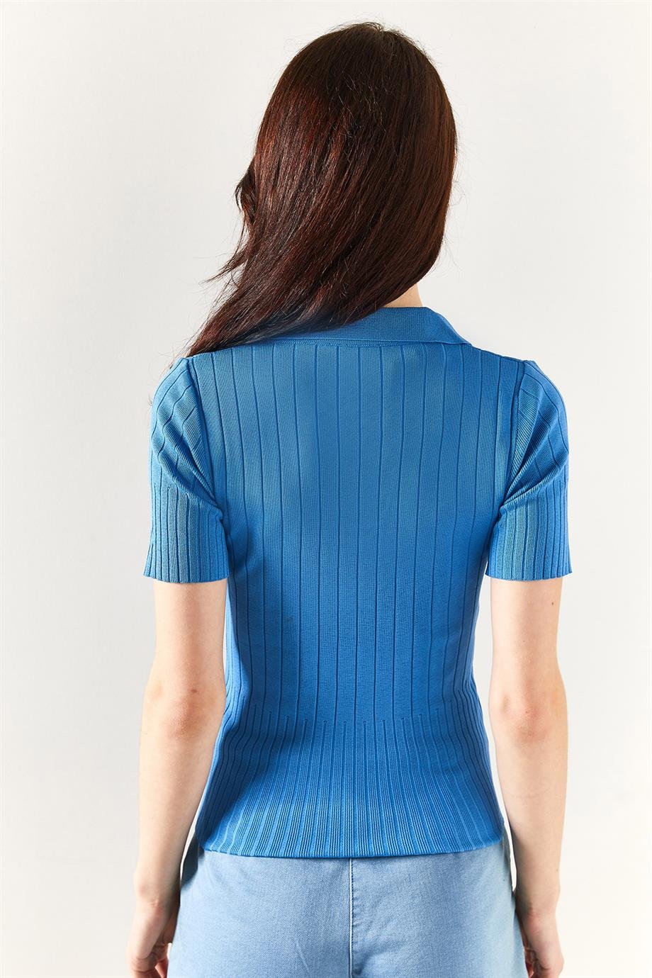 Polo Yaka Fitilli Triko Bluz İndigo