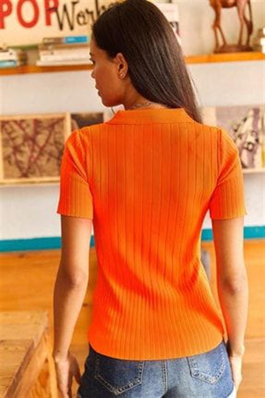 Polo Yaka Fitilli Triko Bluz Neon Turuncu