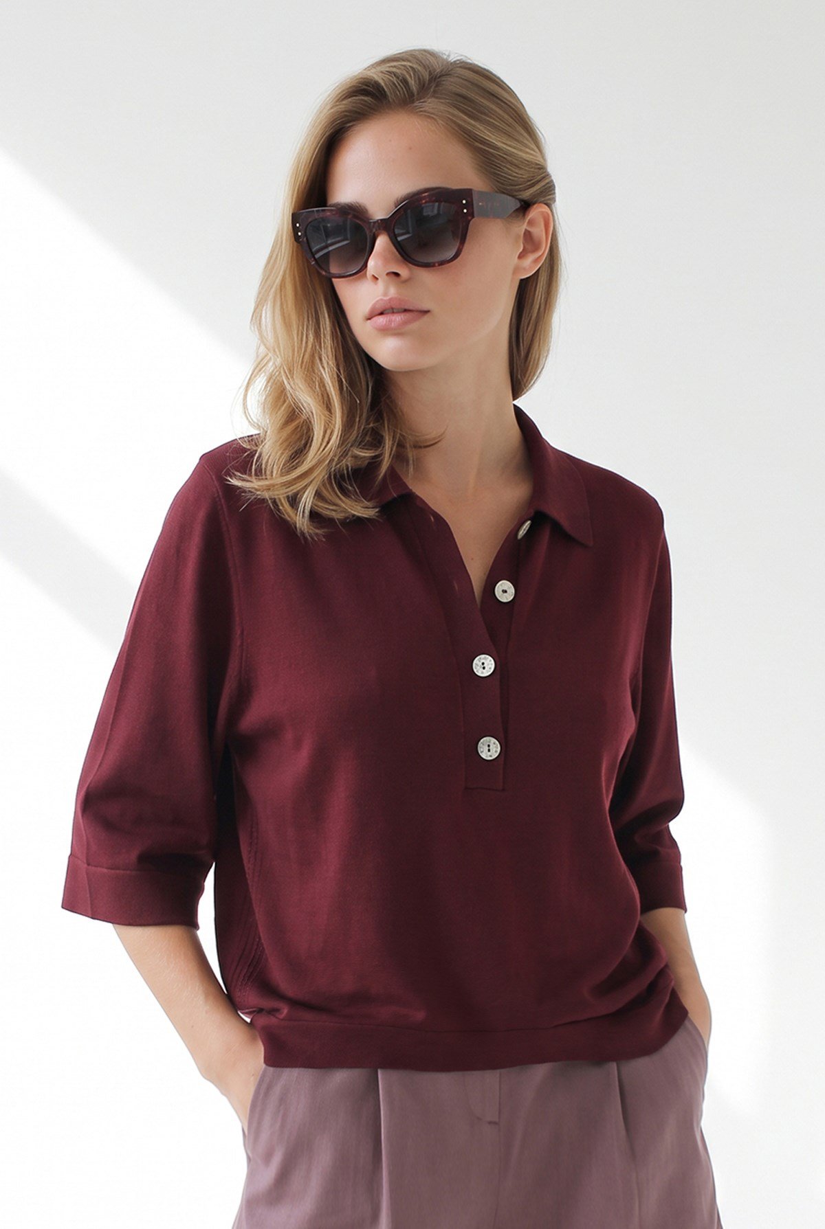 Polo Yaka Geniş Kol Yumuşak Dokulu Triko Bluz Bordo