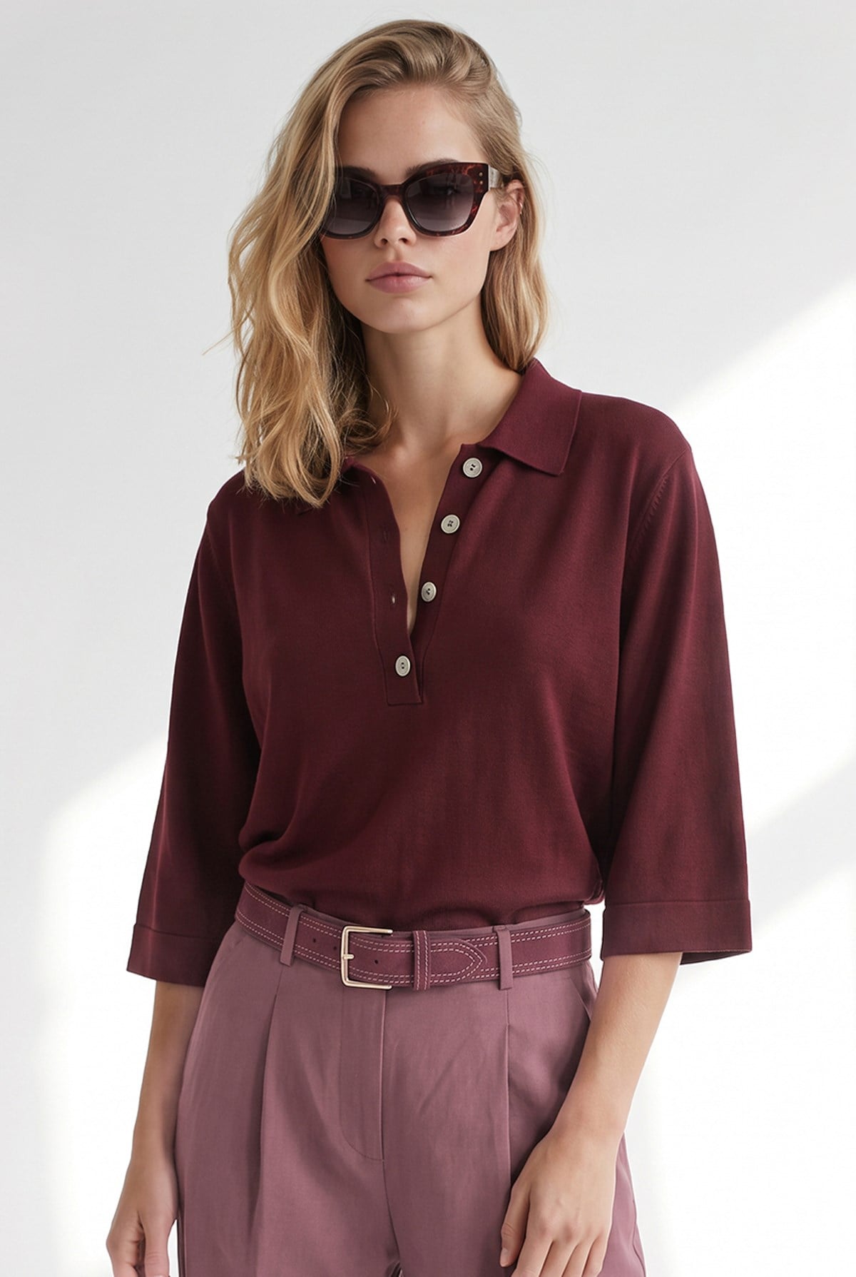 Polo Yaka Geniş Kol Yumuşak Dokulu Triko Bluz Bordo