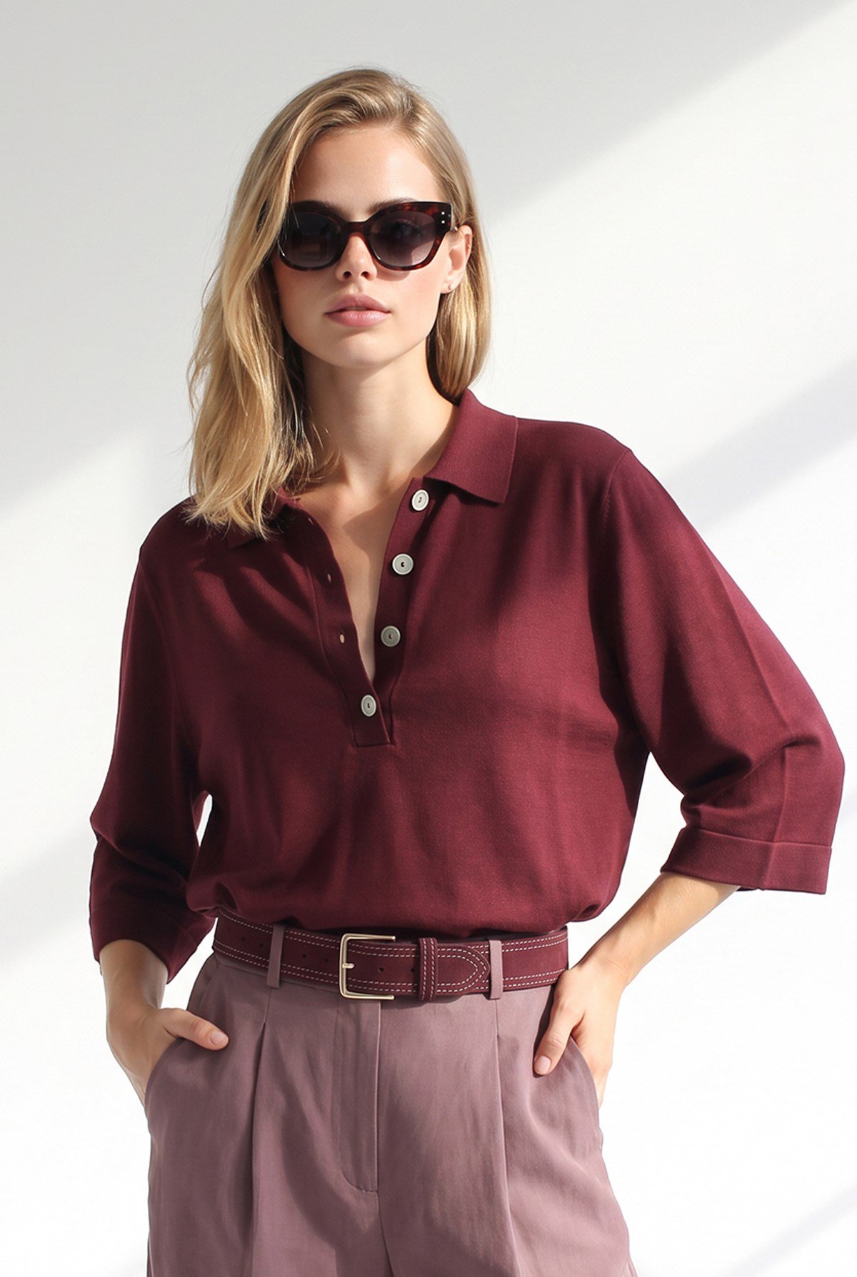 Polo Yaka Geniş Kol Yumuşak Dokulu Triko Bluz Bordo