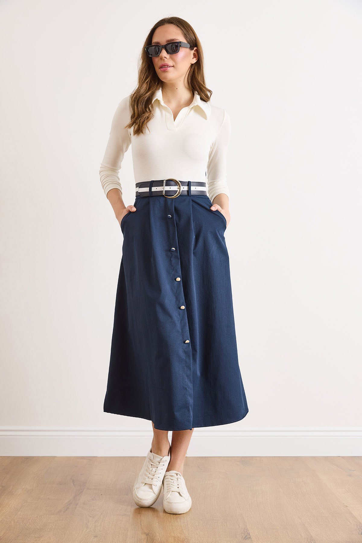 Polo Yaka Kemerli Eteği Cepli Düğmeli Elbise Lacivert