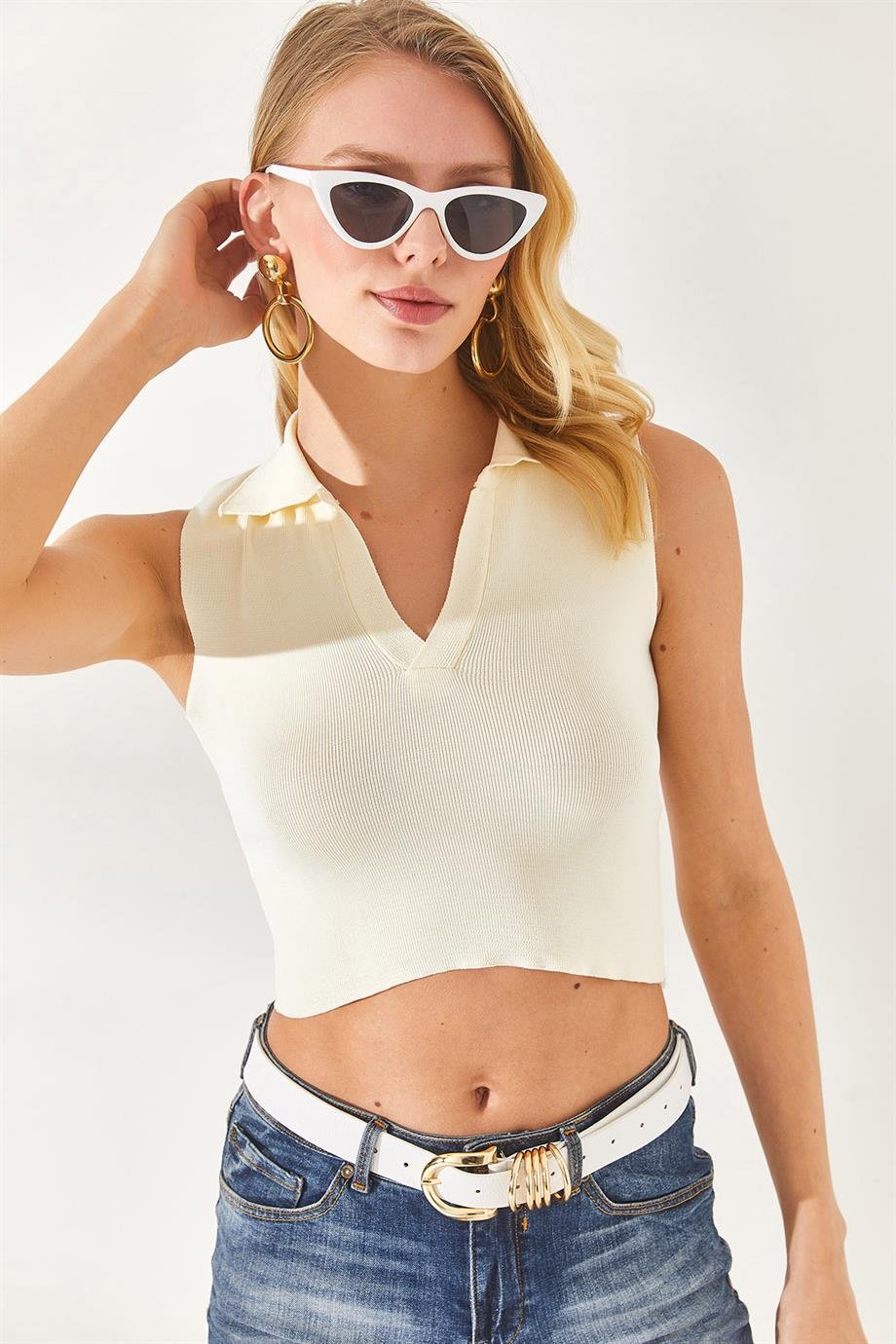 Polo Yaka Kolsuz Crop Triko Bluz Ekru