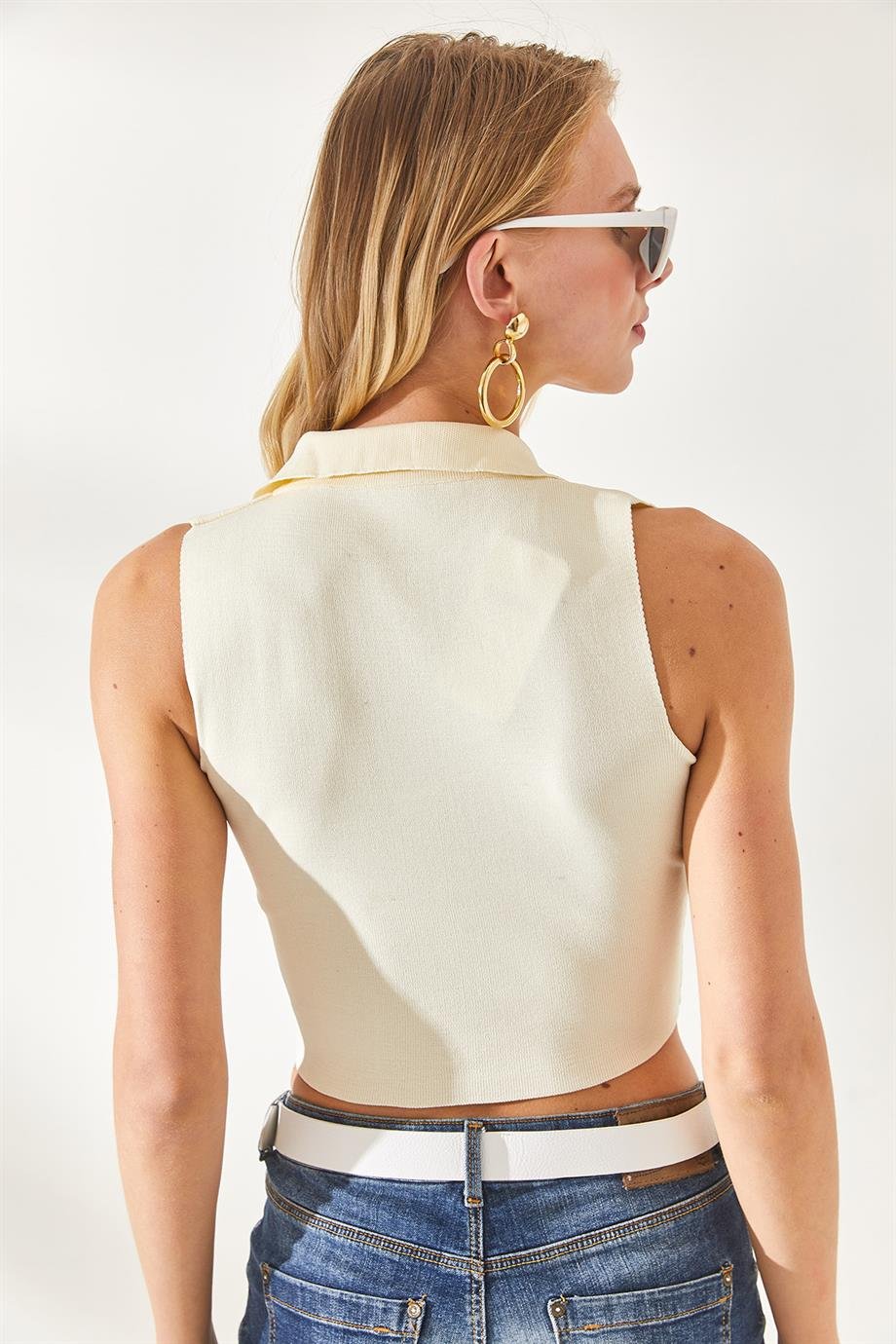 Polo Yaka Kolsuz Crop Triko Bluz Ekru
