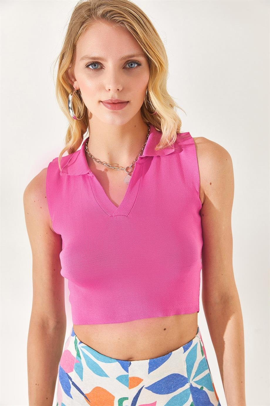 Polo Yaka Kolsuz Crop Triko Bluz Fuşya