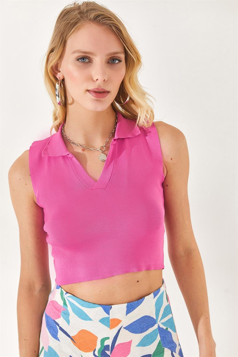 Polo Yaka Kolsuz Crop Triko Bluz Fuşya