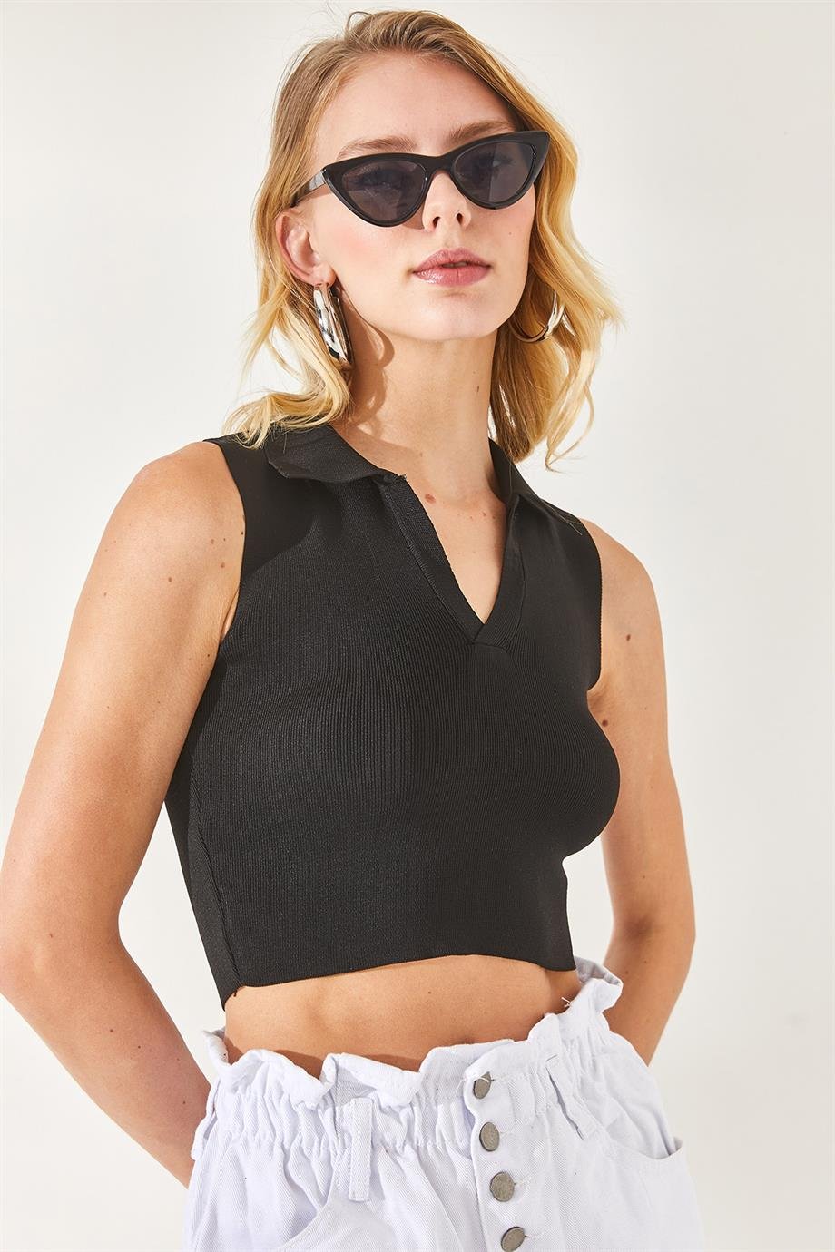 Polo Yaka Kolsuz Crop Triko Bluz Siyah