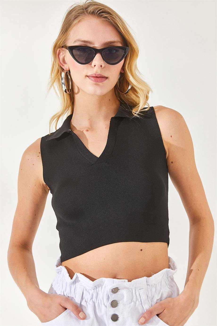 Polo Yaka Kolsuz Crop Triko Bluz Siyah