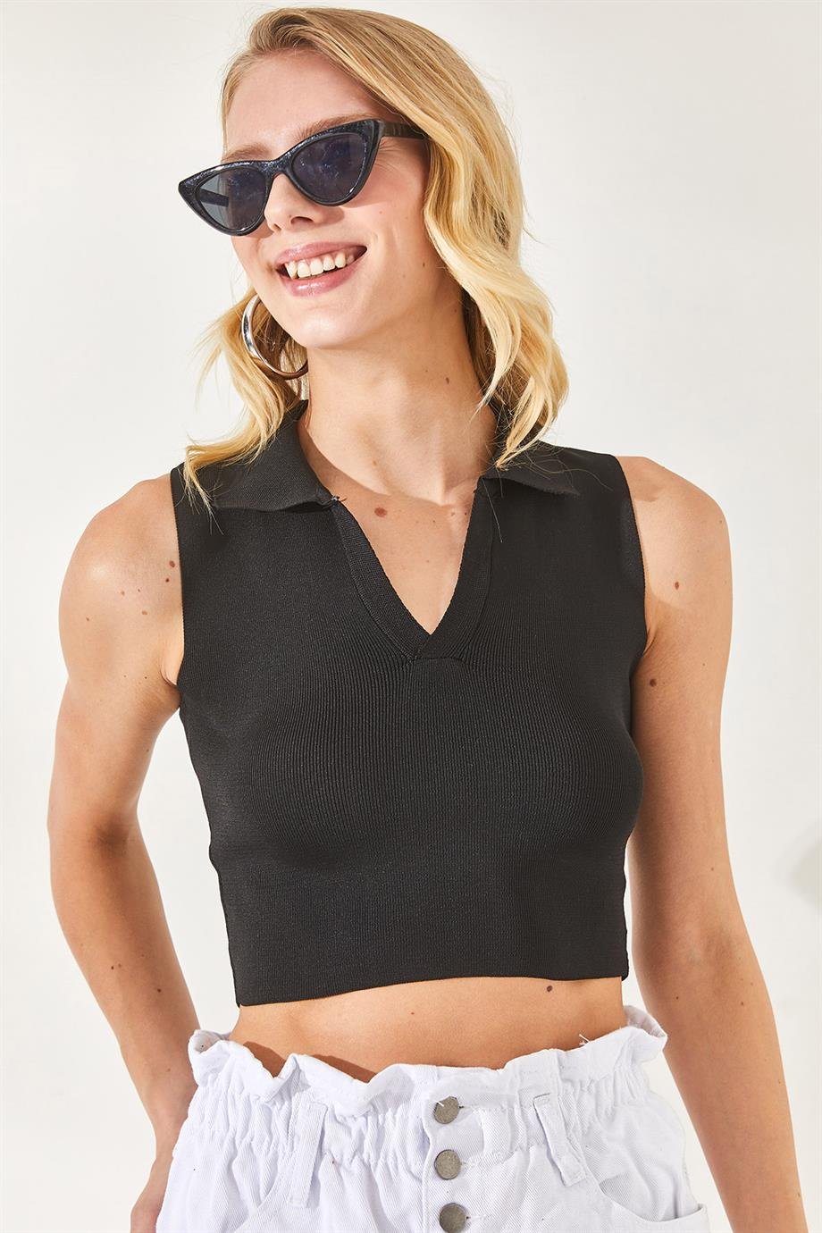 Polo Yaka Kolsuz Crop Triko Bluz Siyah