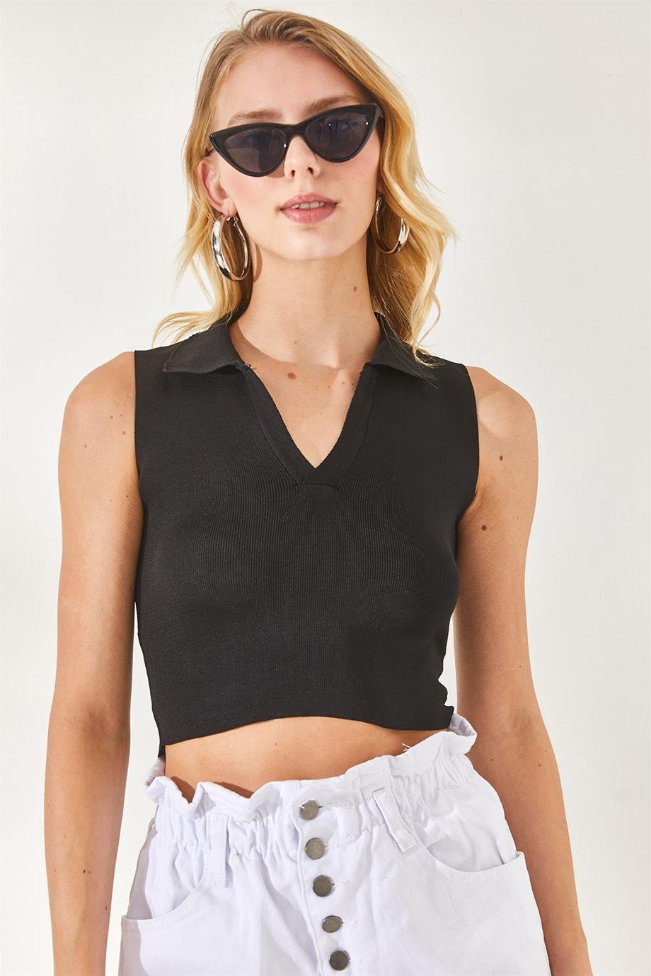 Polo Yaka Kolsuz Crop Triko Bluz Siyah