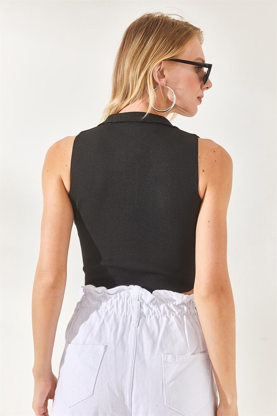 Polo Yaka Kolsuz Crop Triko Bluz Siyah