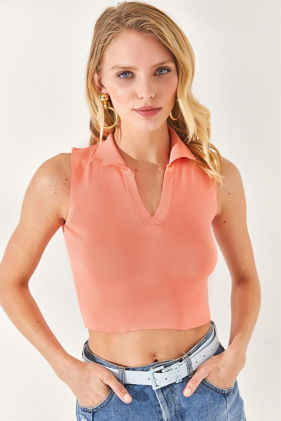 Polo Yaka Kolsuz Crop Triko Bluz Somon