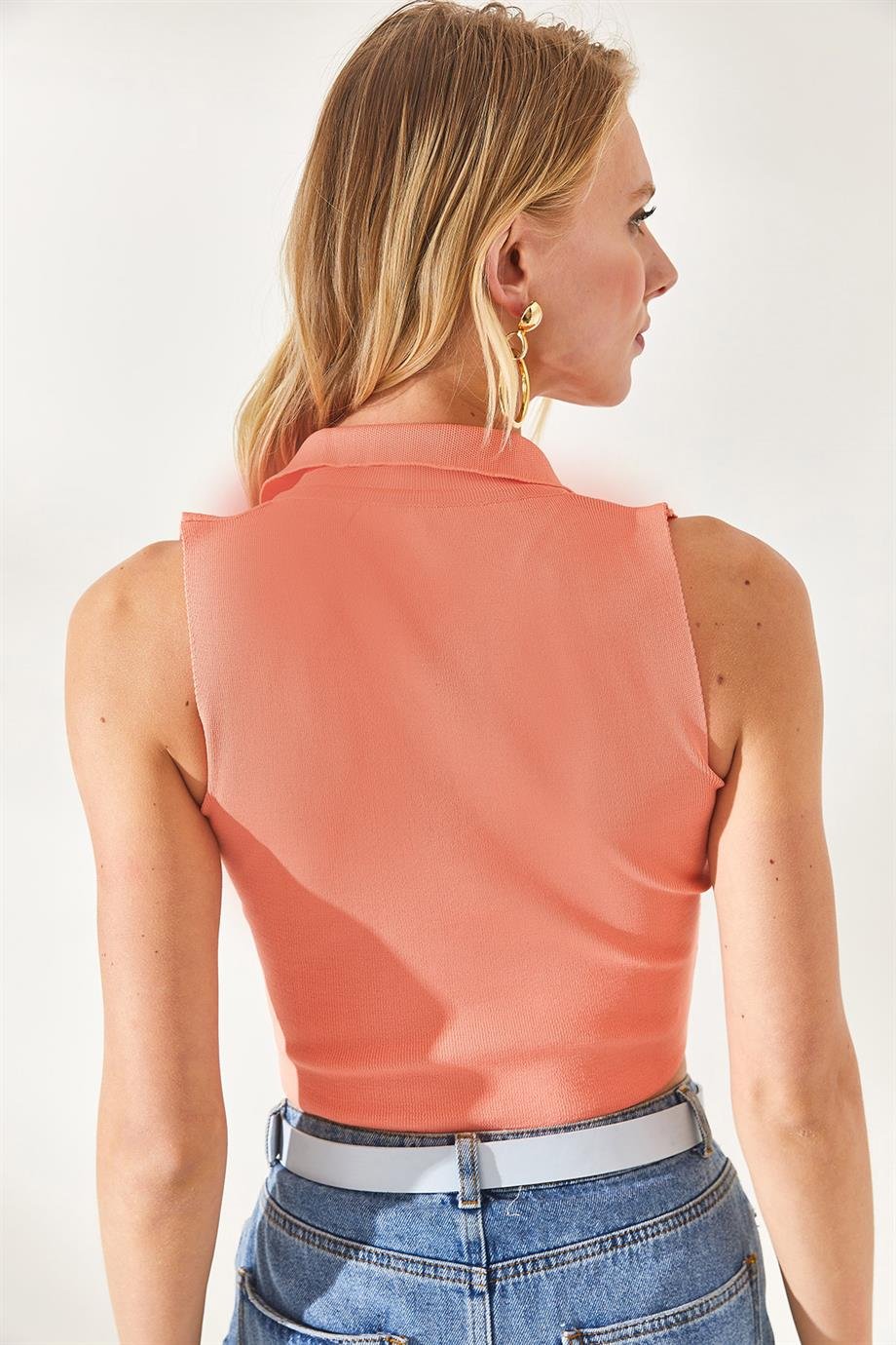 Polo Yaka Kolsuz Crop Triko Bluz Somon