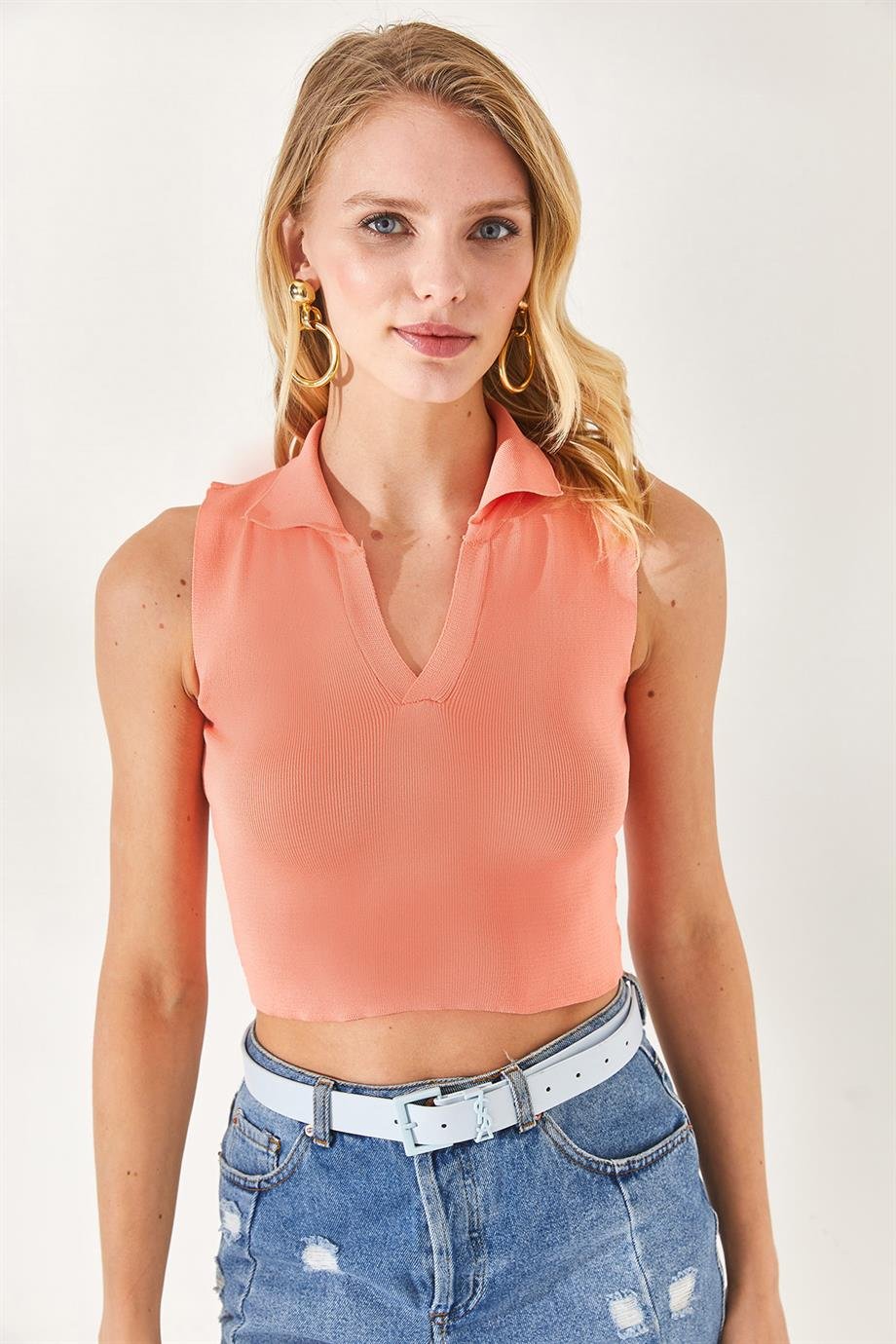 Polo Yaka Kolsuz Crop Triko Bluz Somon