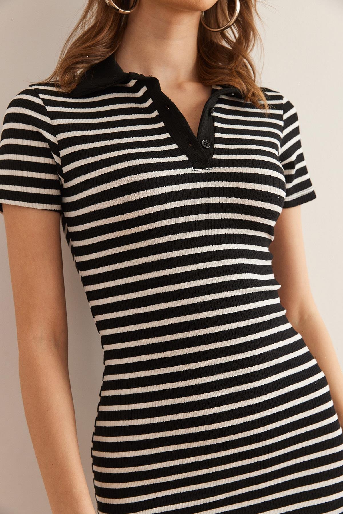 Polo Yaka Mini Kaşkorse Elbise Çizgili Siyah