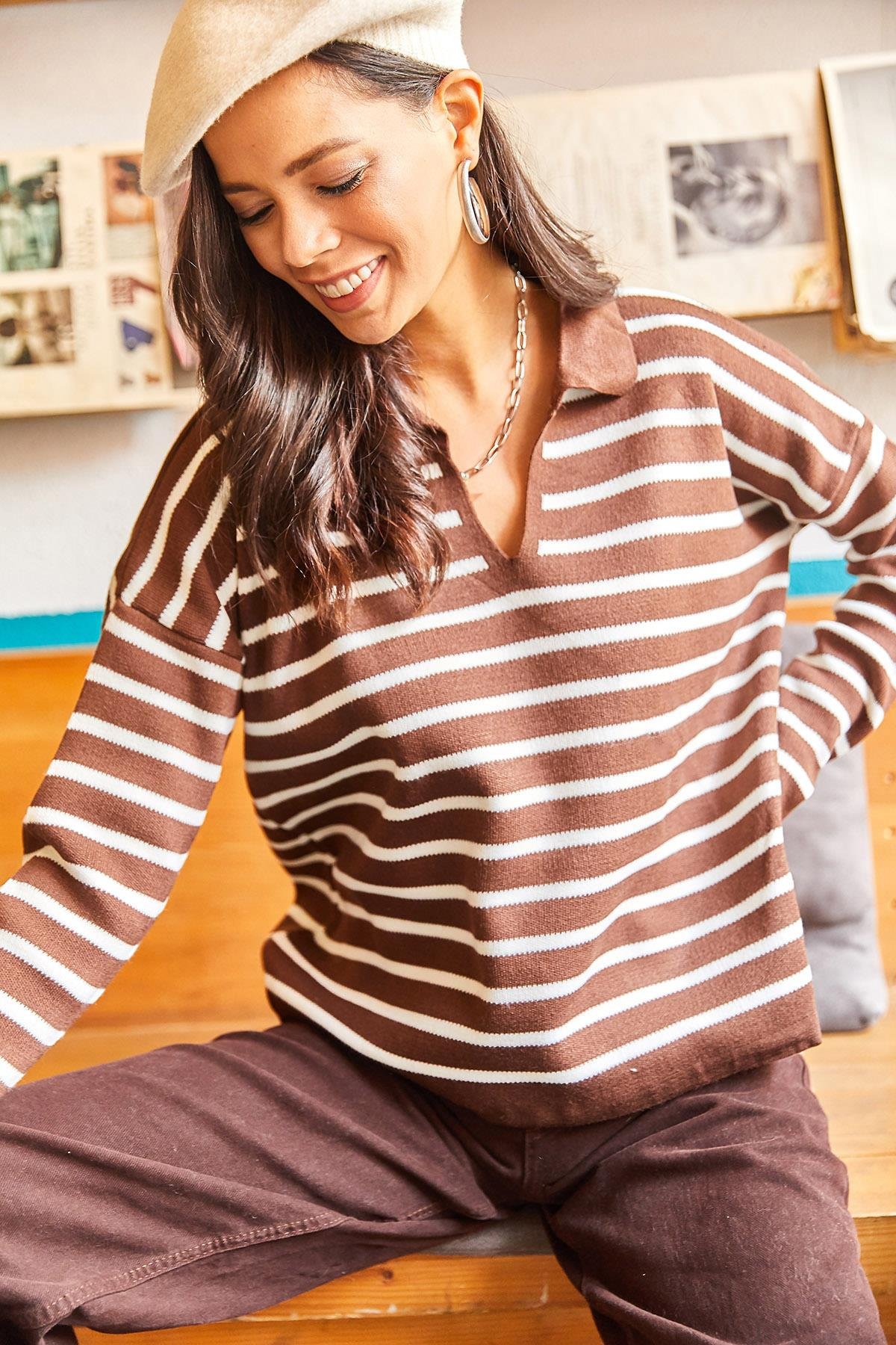 Polo Yaka Oversize Crop Triko Kazak Acı Kahve