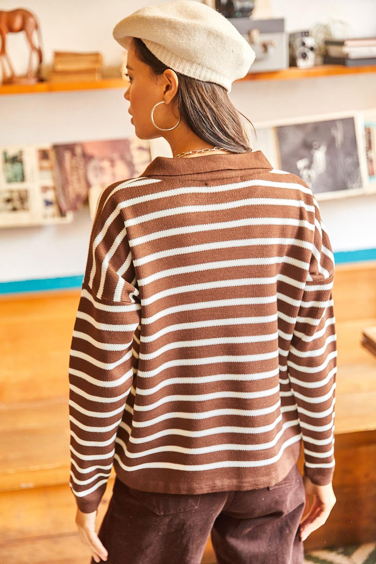 Polo Yaka Oversize Crop Triko Kazak Acı Kahve