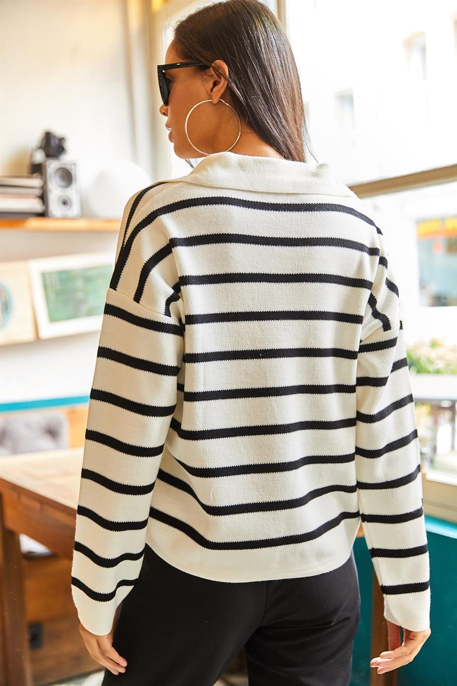 Polo Yaka Oversize Crop Triko Kazak Beyaz