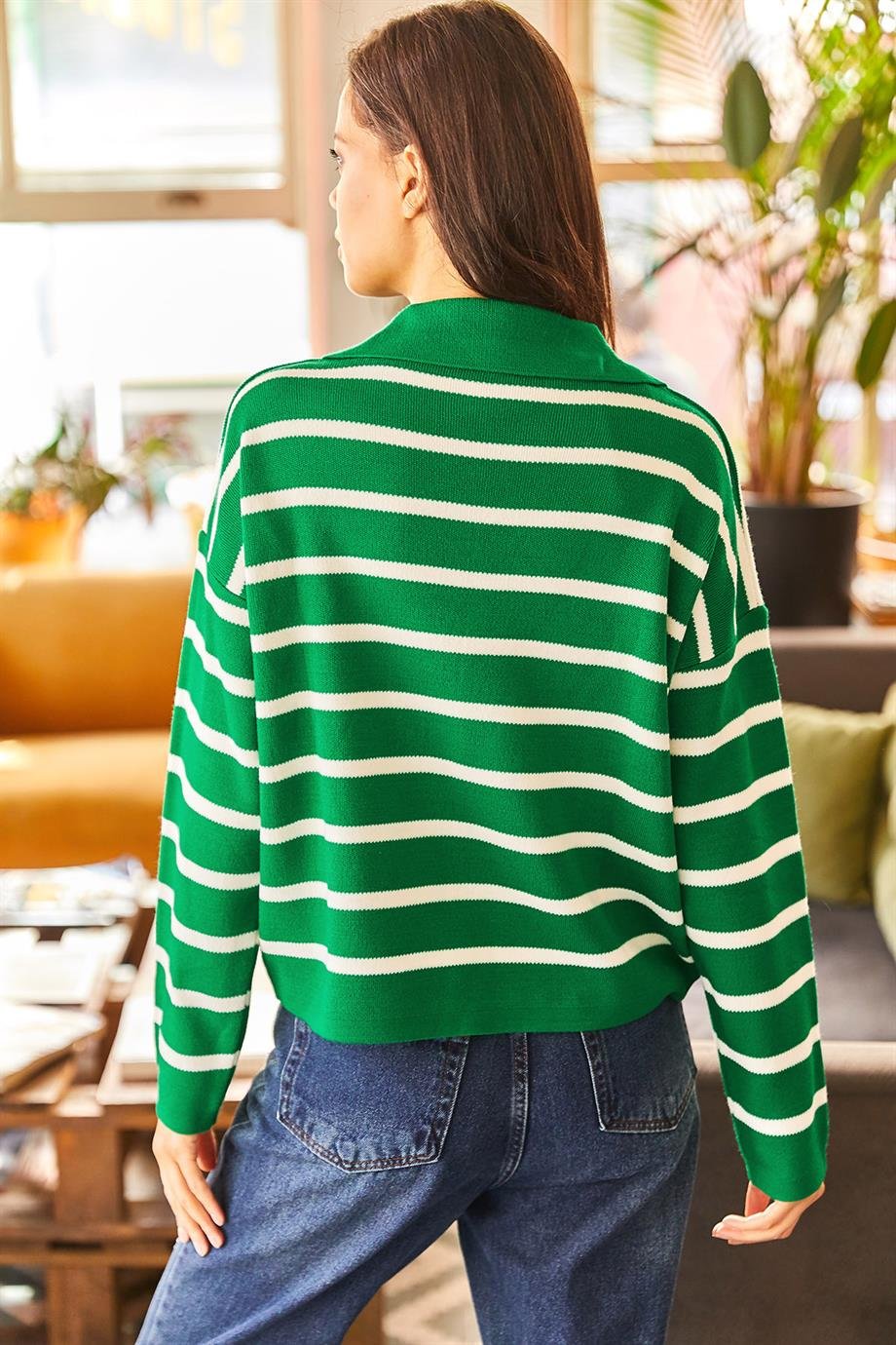 Polo Yaka Oversize Crop Triko Kazak Çimen Yeşili