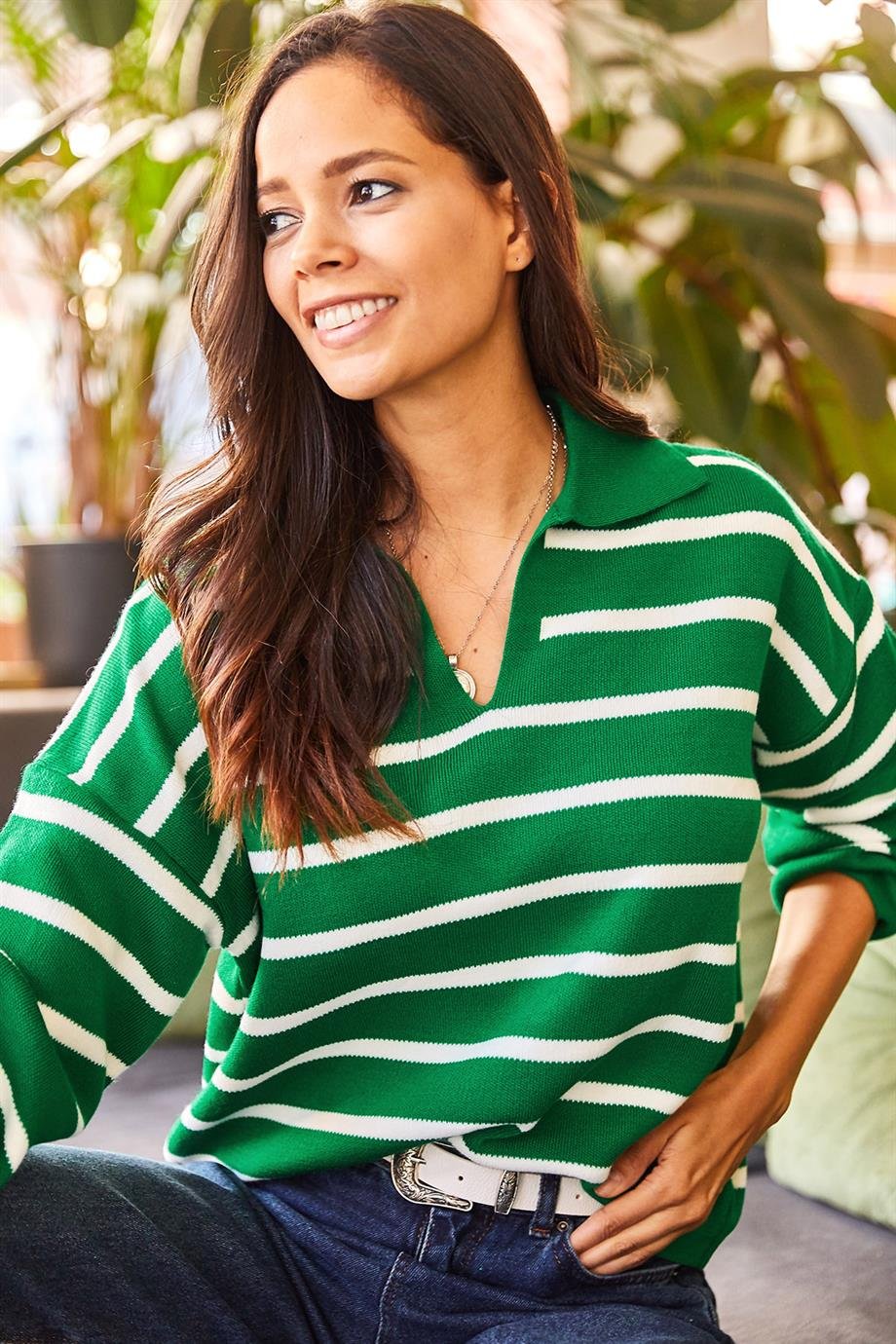 Polo Yaka Oversize Crop Triko Kazak Çimen Yeşili