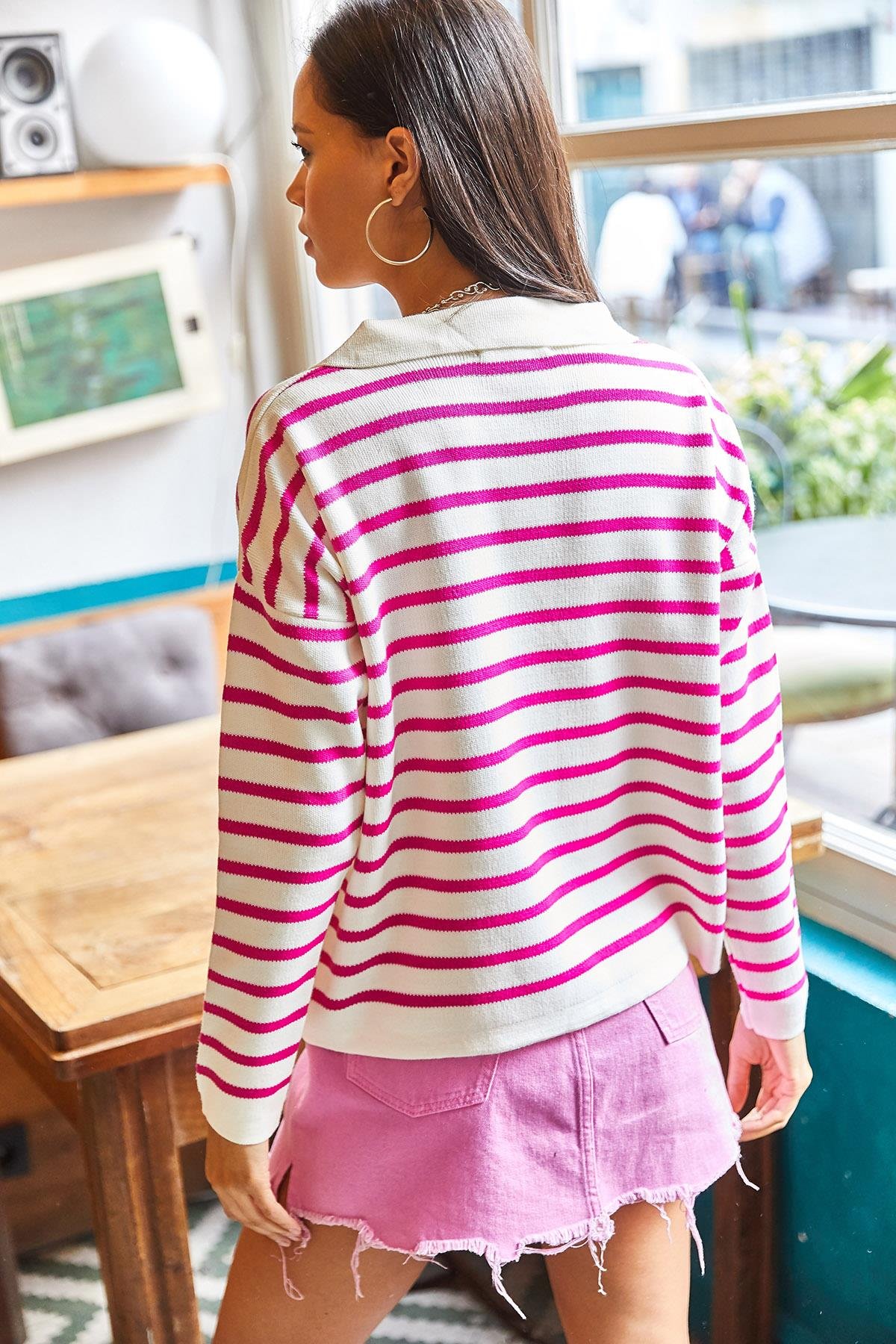 Polo Yaka Oversize Crop Triko Kazak Ekru Fuşya