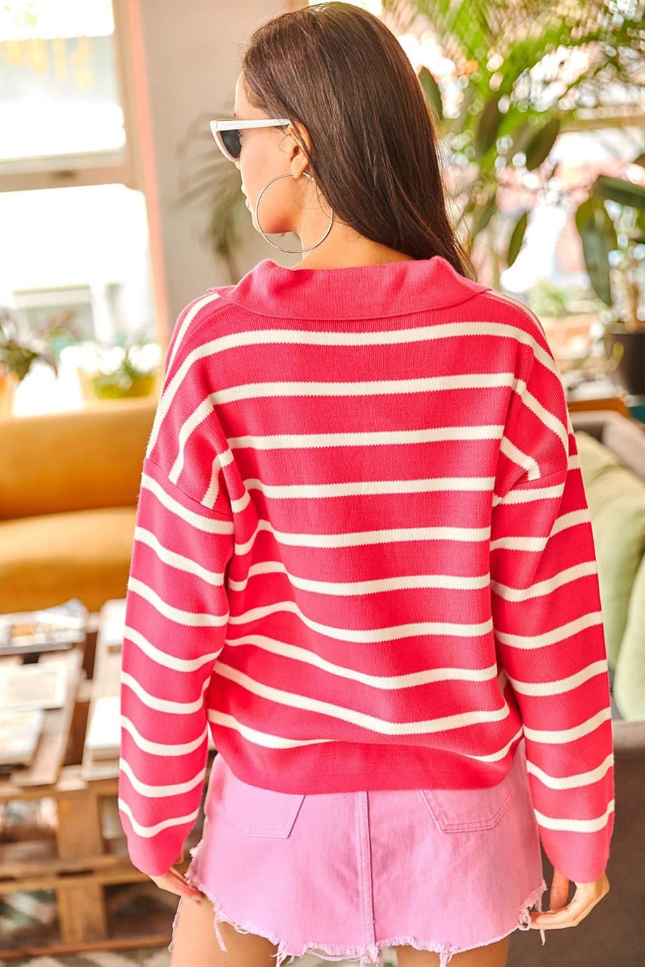 Polo Yaka Oversize Crop Triko Kazak Fuşya