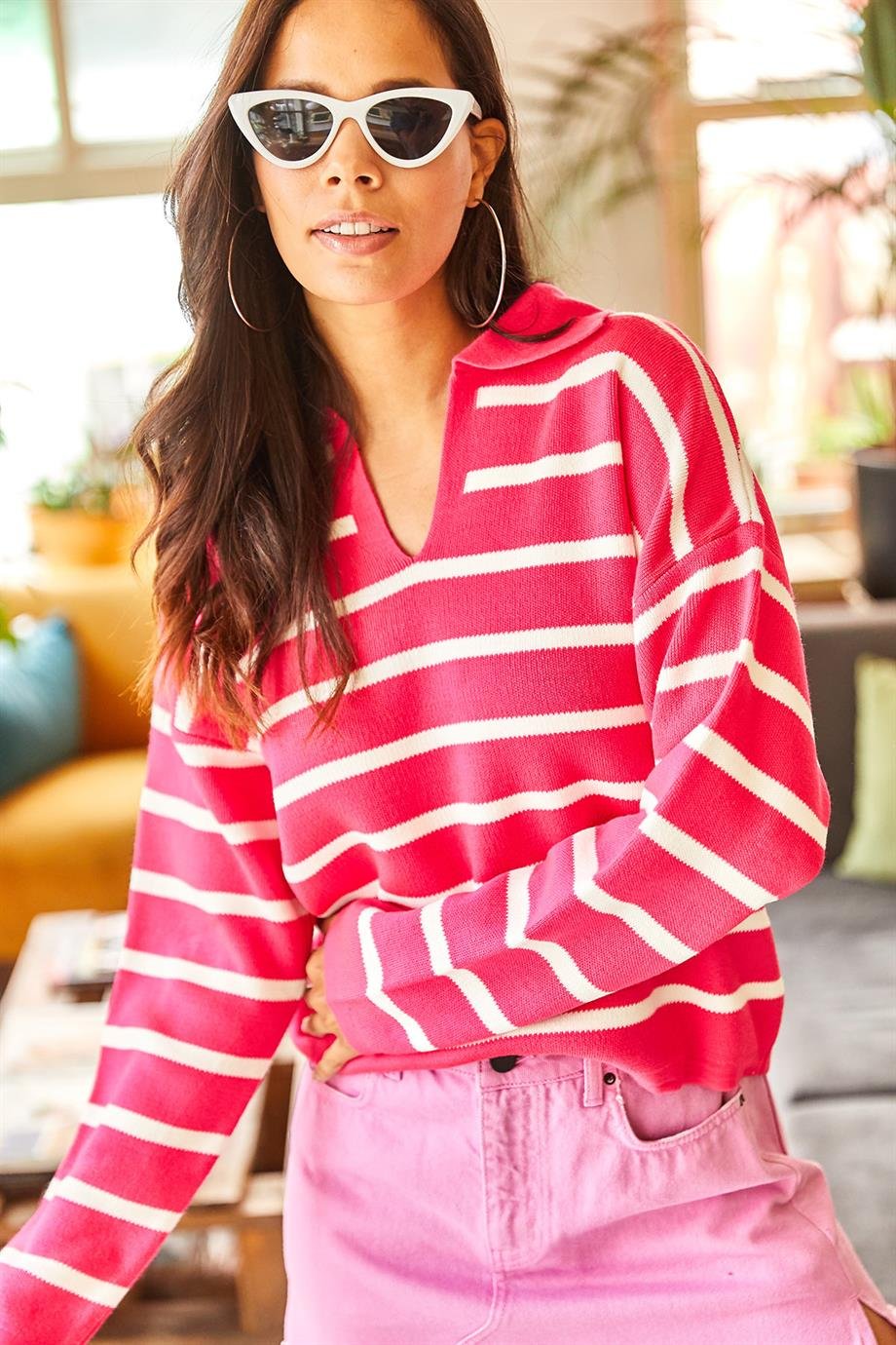 Polo Yaka Oversize Crop Triko Kazak Fuşya