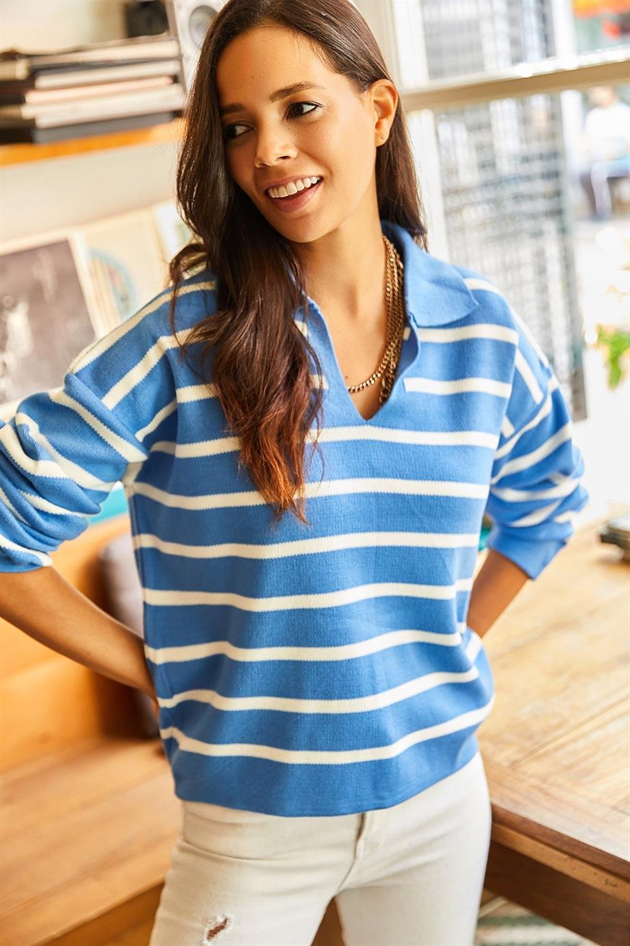Polo Yaka Oversize Crop Triko Kazak Mavi