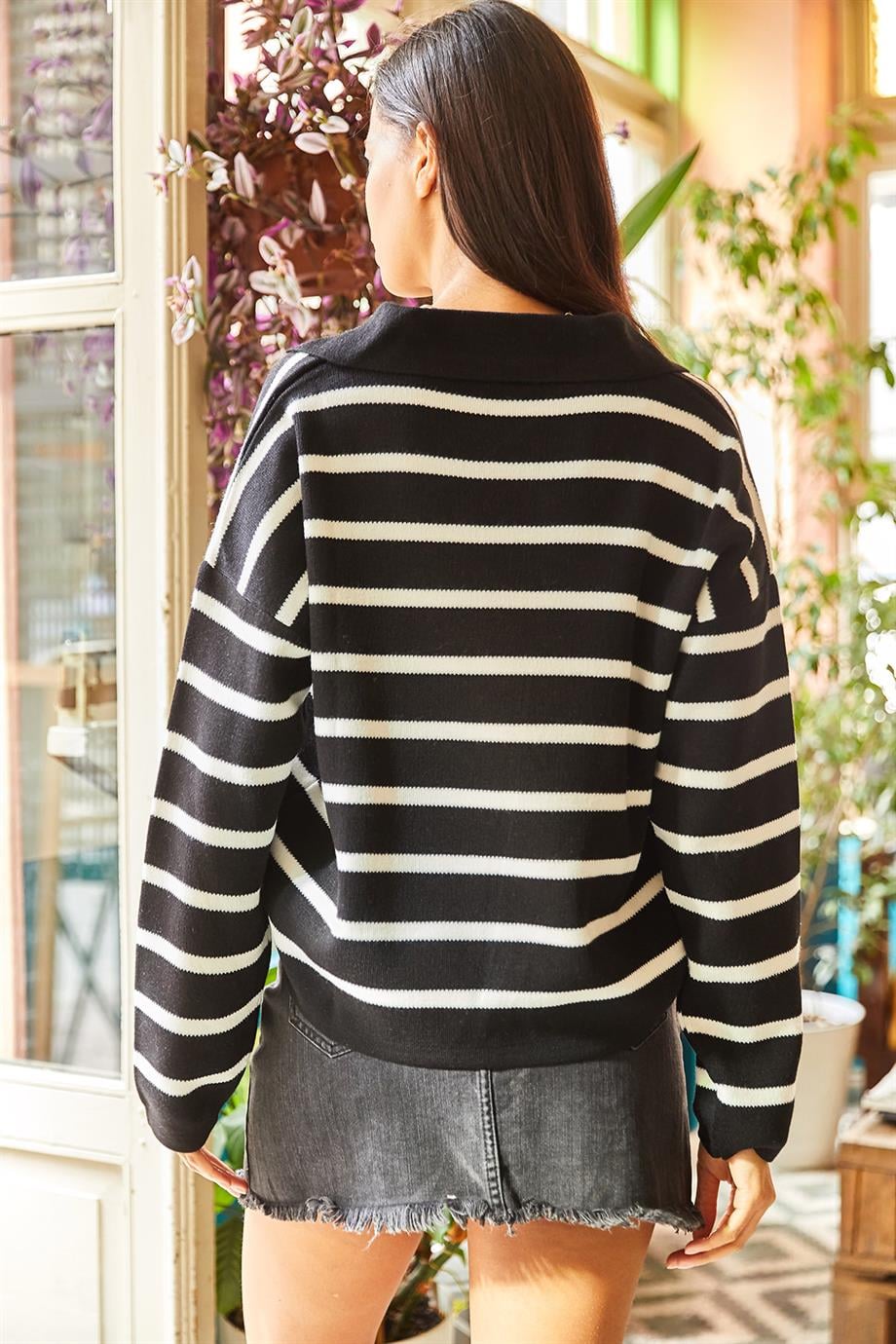 Polo Yaka Oversize Crop Triko Kazak Siyah