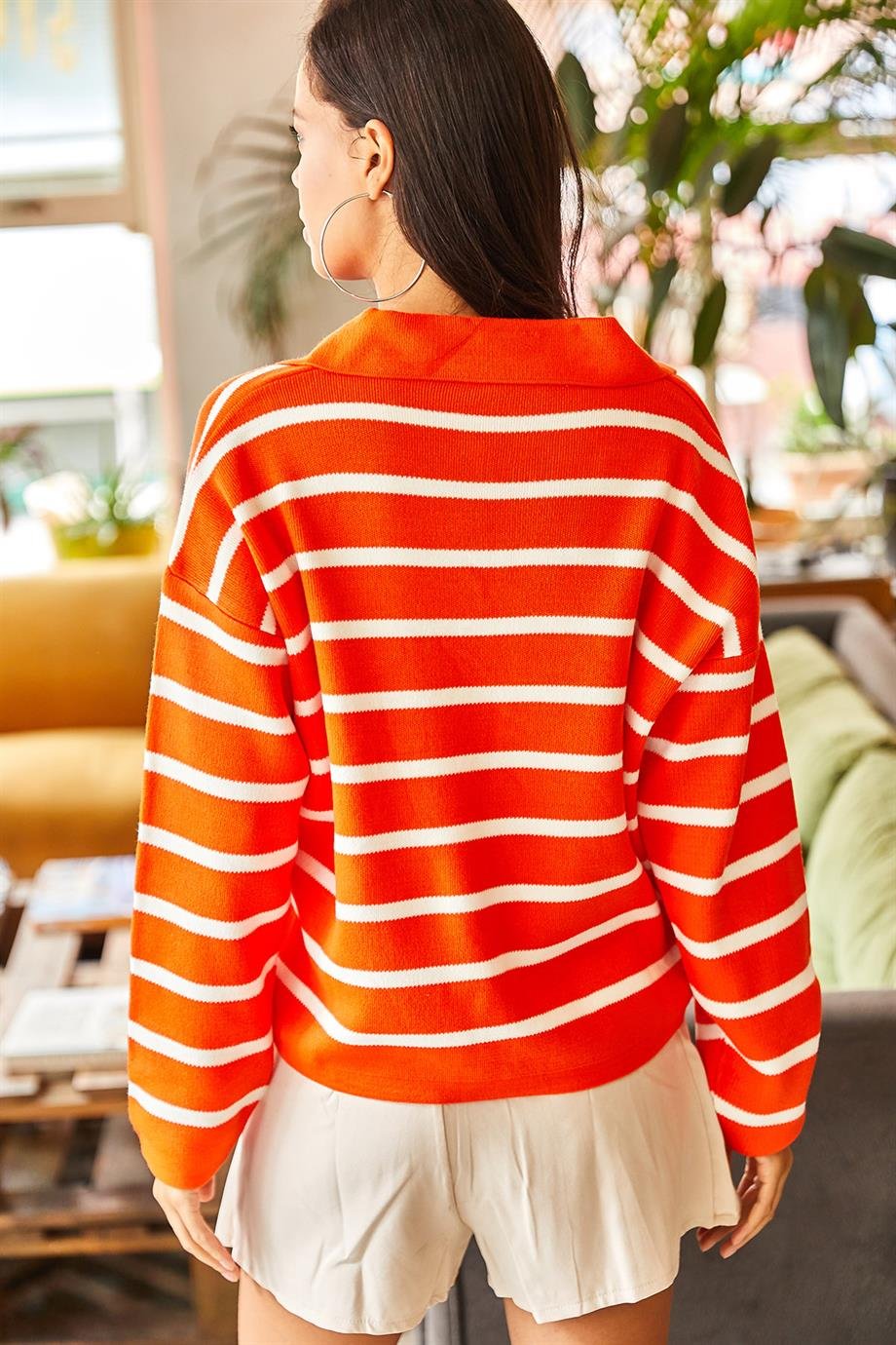Polo Yaka Oversize Crop Triko Kazak Turuncu