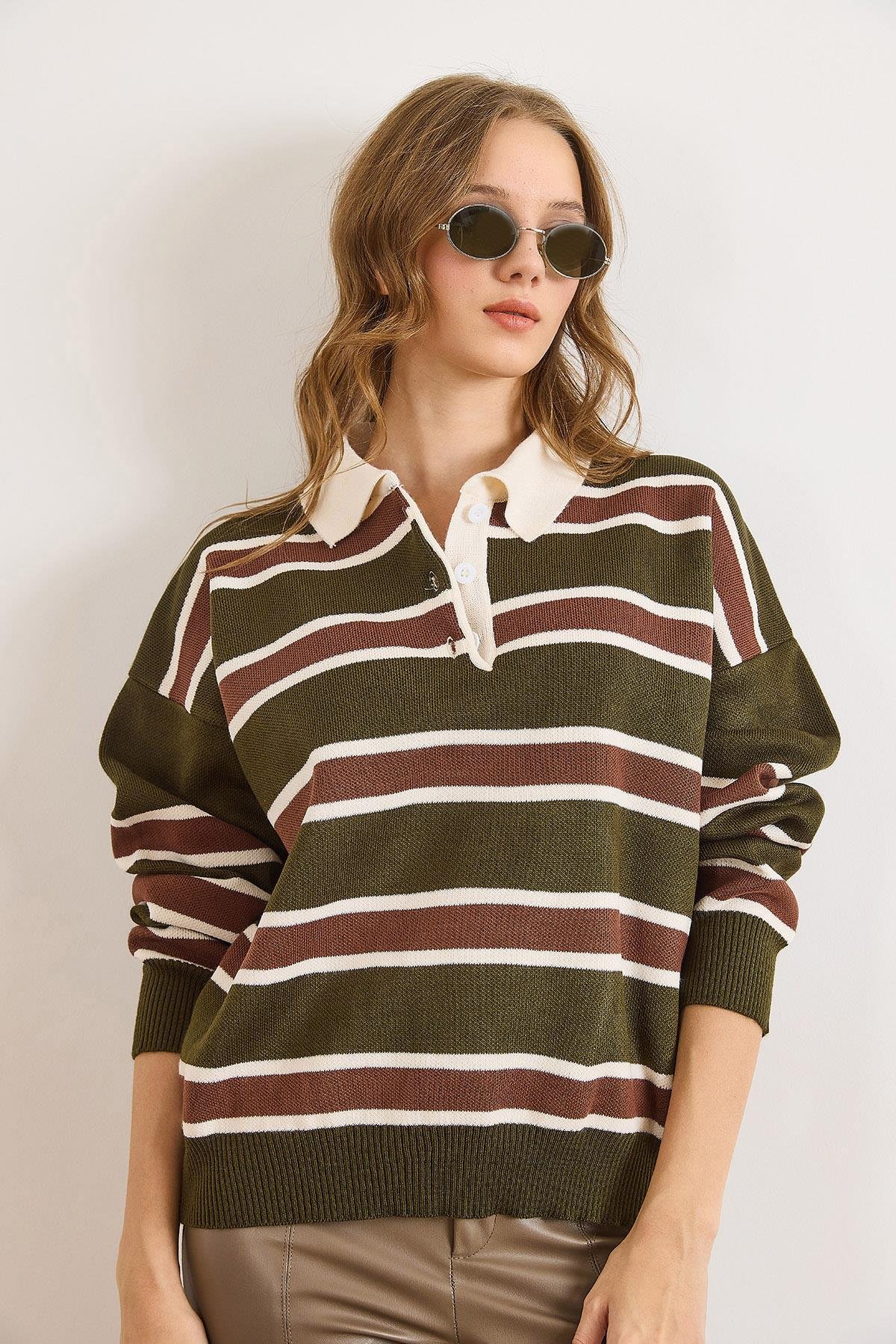 Polo Yaka Oversize Triko Kazak Haki Kahve