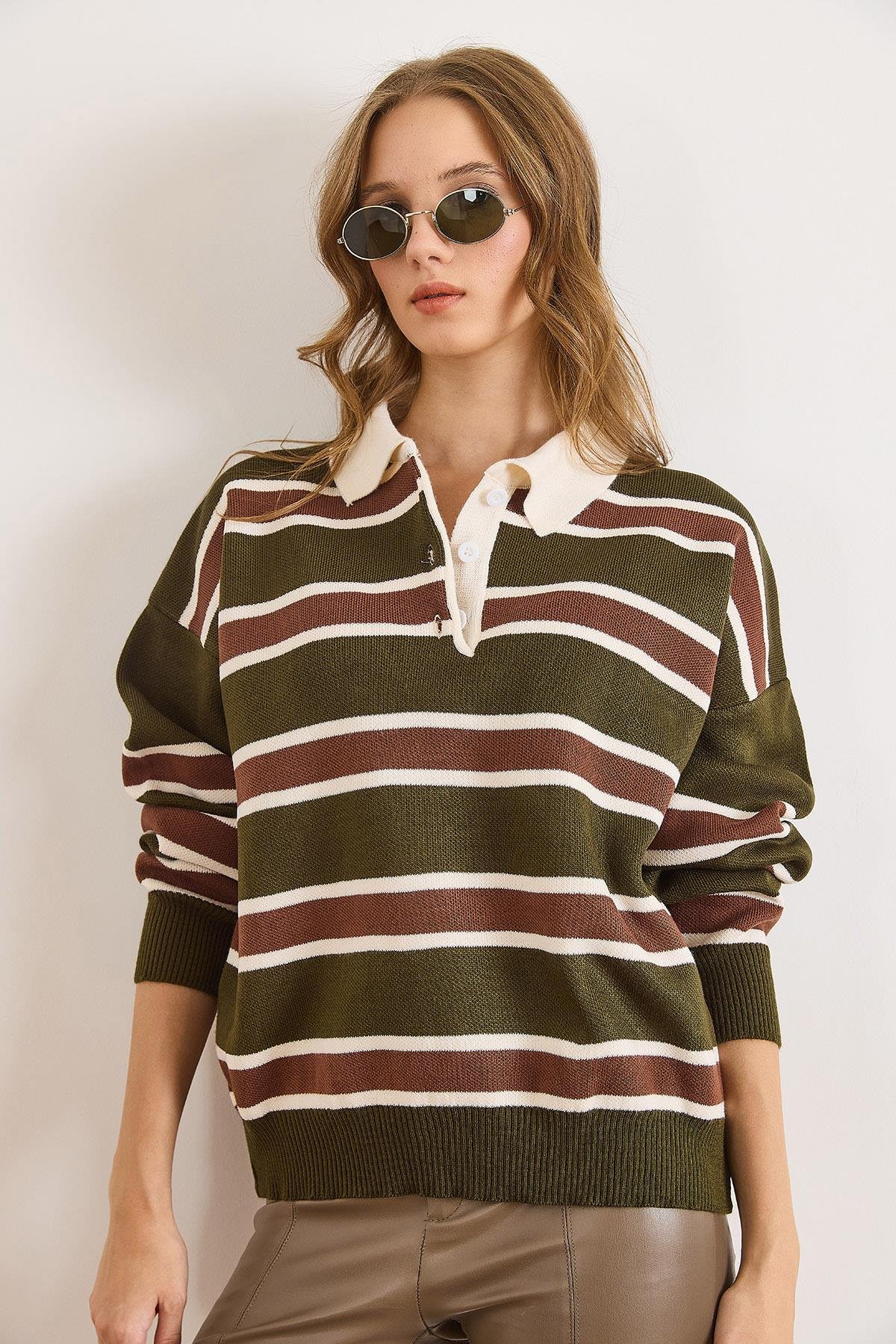 Polo Yaka Oversize Triko Kazak Haki Kahve