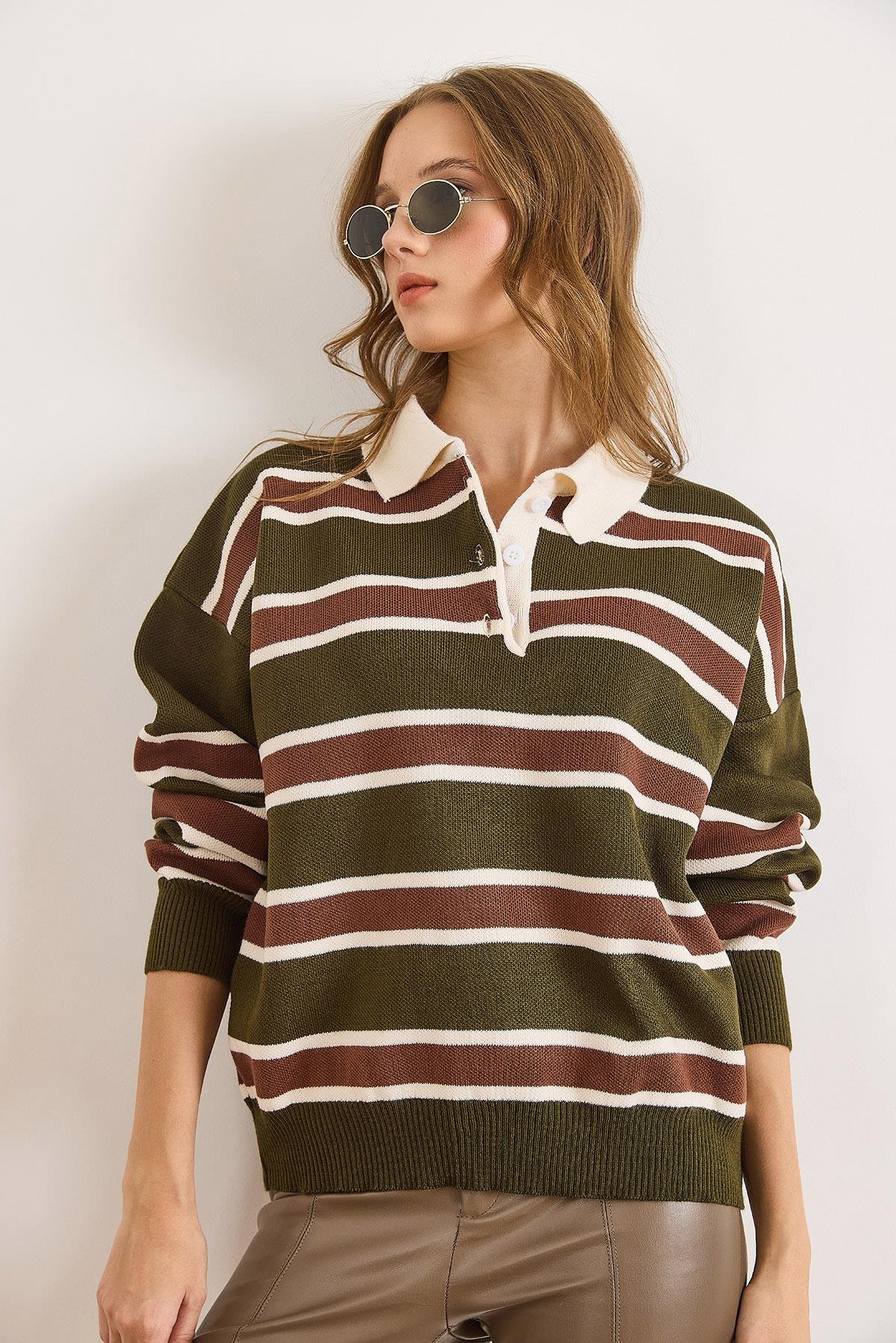 Polo Yaka Oversize Triko Kazak Haki Kahve