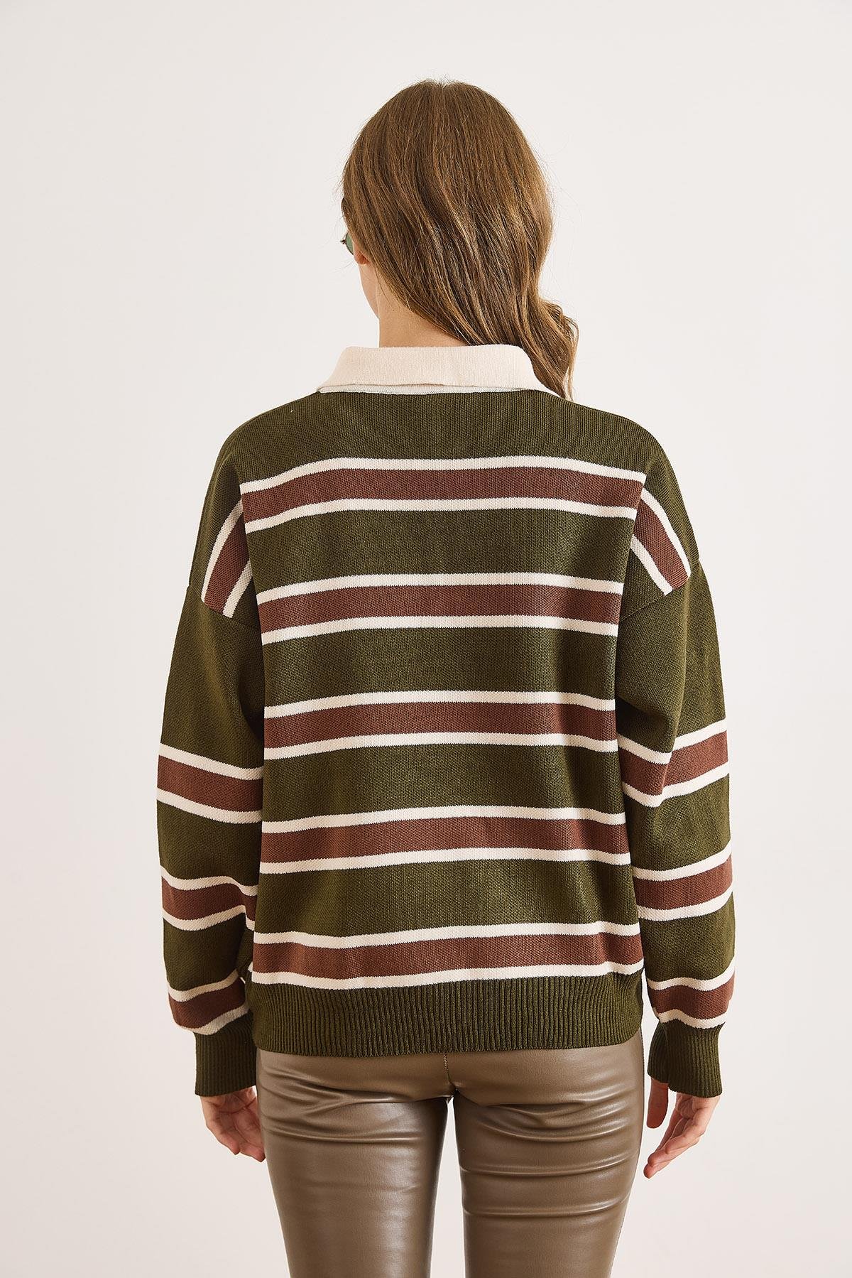 Polo Yaka Oversize Triko Kazak Haki Kahve
