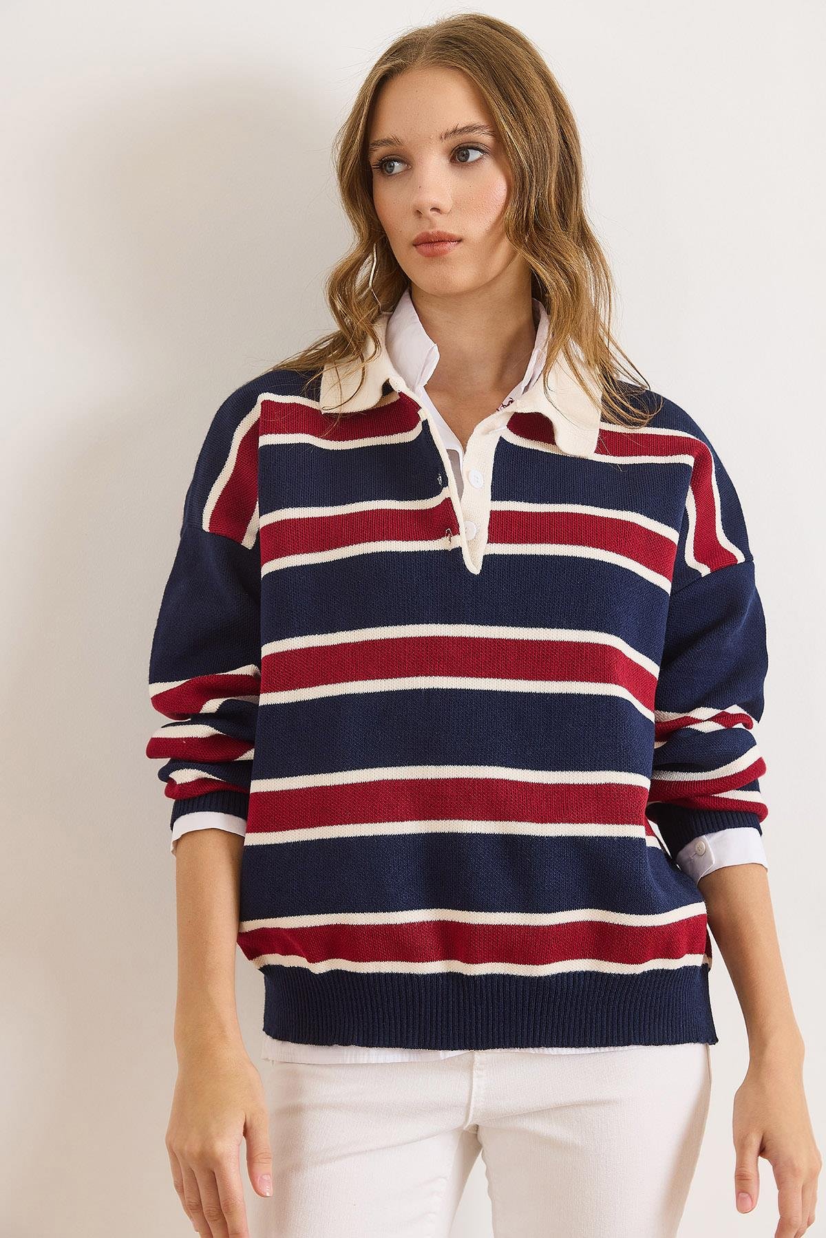 Polo Yaka Oversize Triko Kazak Lacivert Bordo