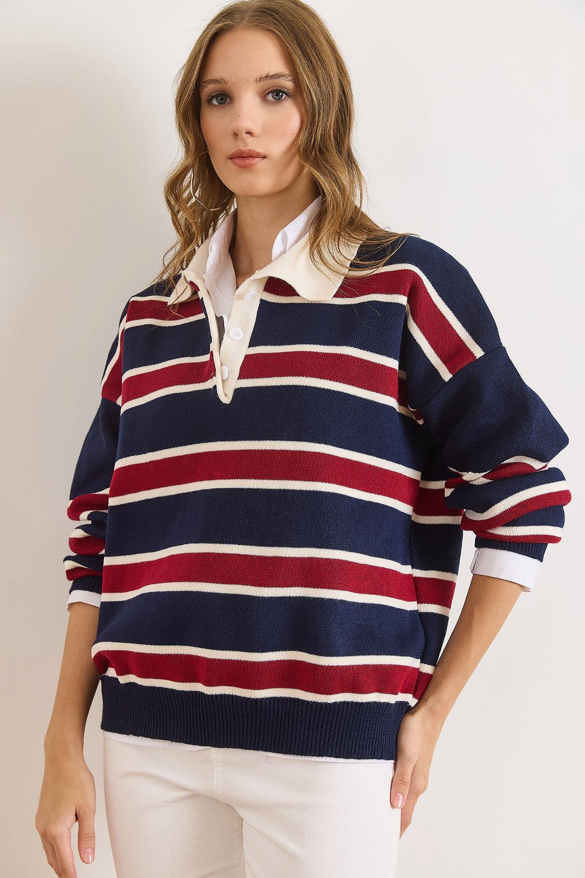 Polo Yaka Oversize Triko Kazak Lacivert Bordo
