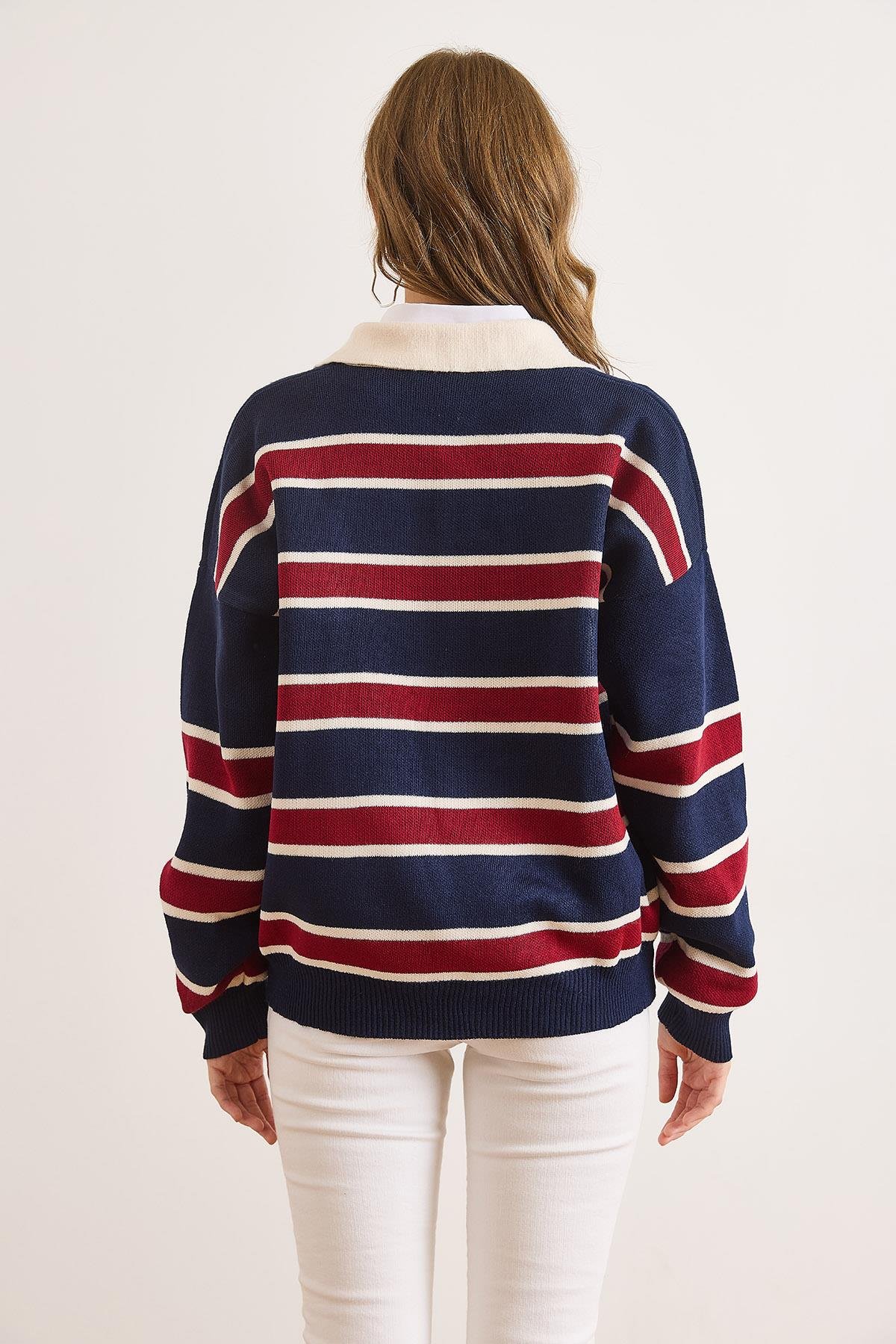 Polo Yaka Oversize Triko Kazak Lacivert Bordo