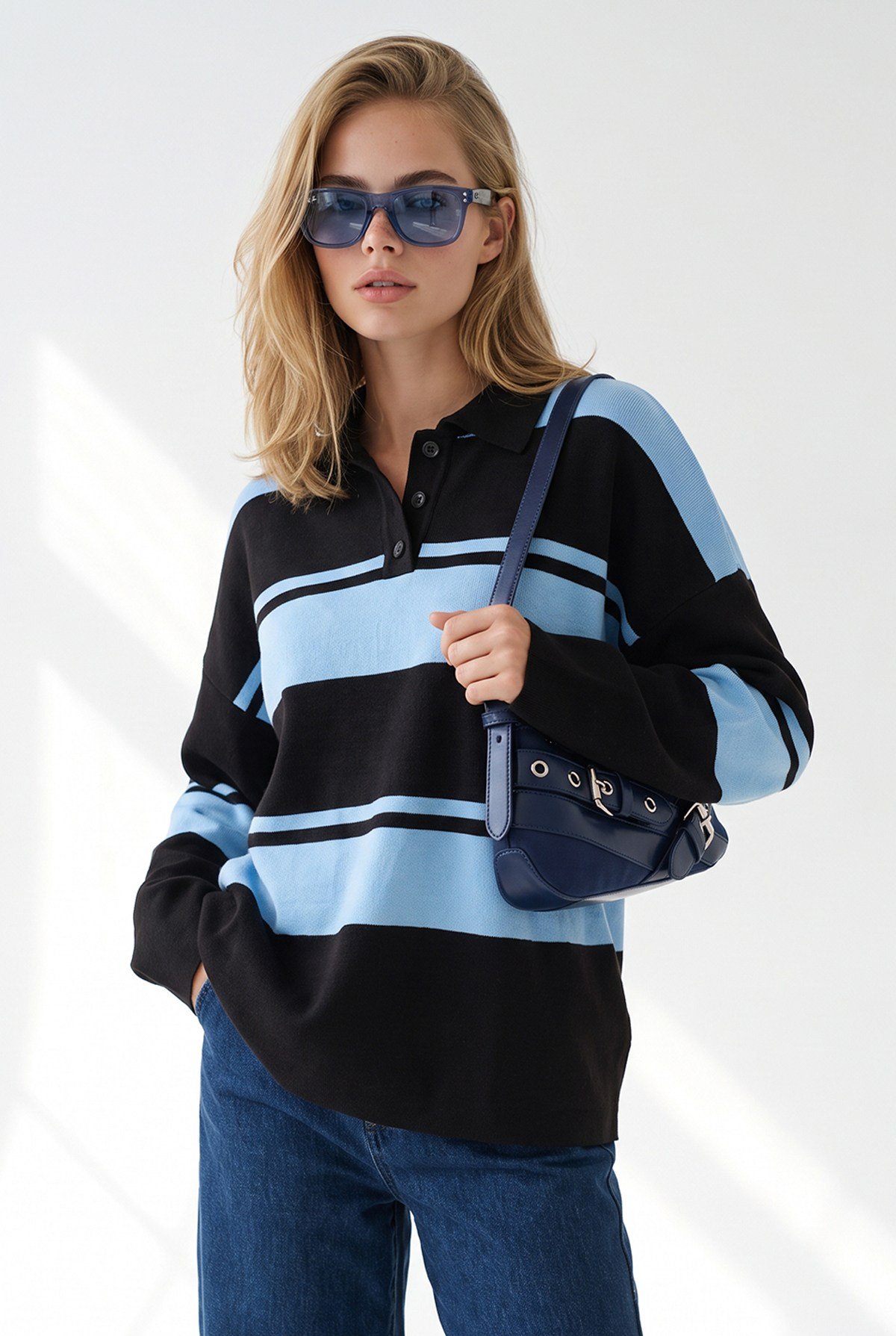 Polo Yaka Oversize Triko Kazak Mavi Kahve