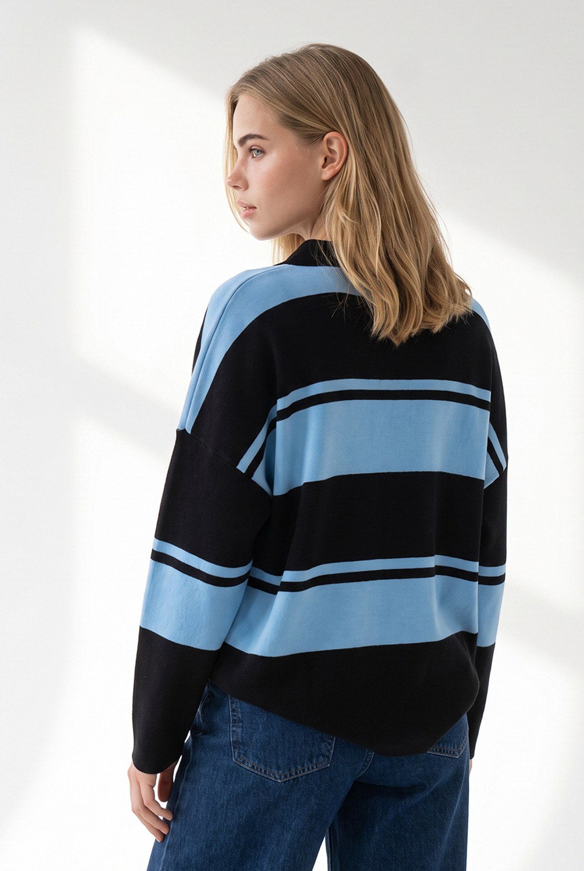 Polo Yaka Oversize Triko Kazak Mavi Kahve