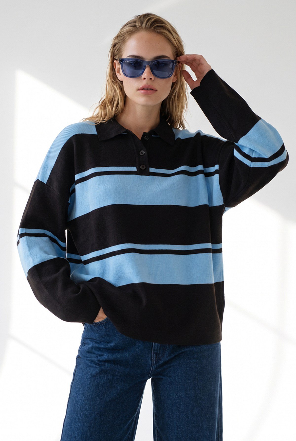 Polo Yaka Oversize Triko Kazak Mavi Kahve