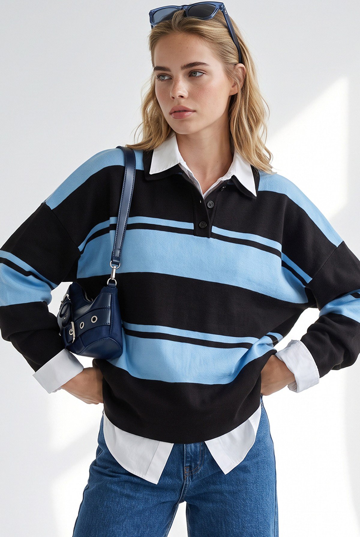 Polo Yaka Oversize Triko Kazak Mavi Kahve