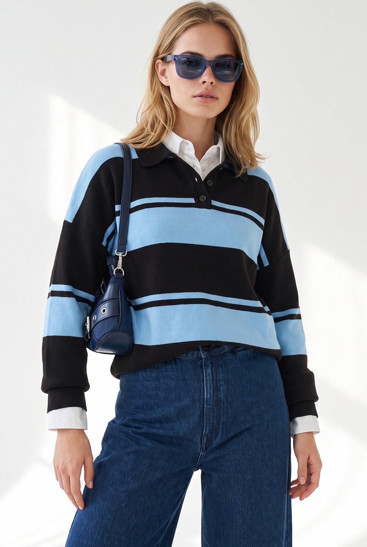 Polo Yaka Oversize Triko Kazak Mavi Kahve