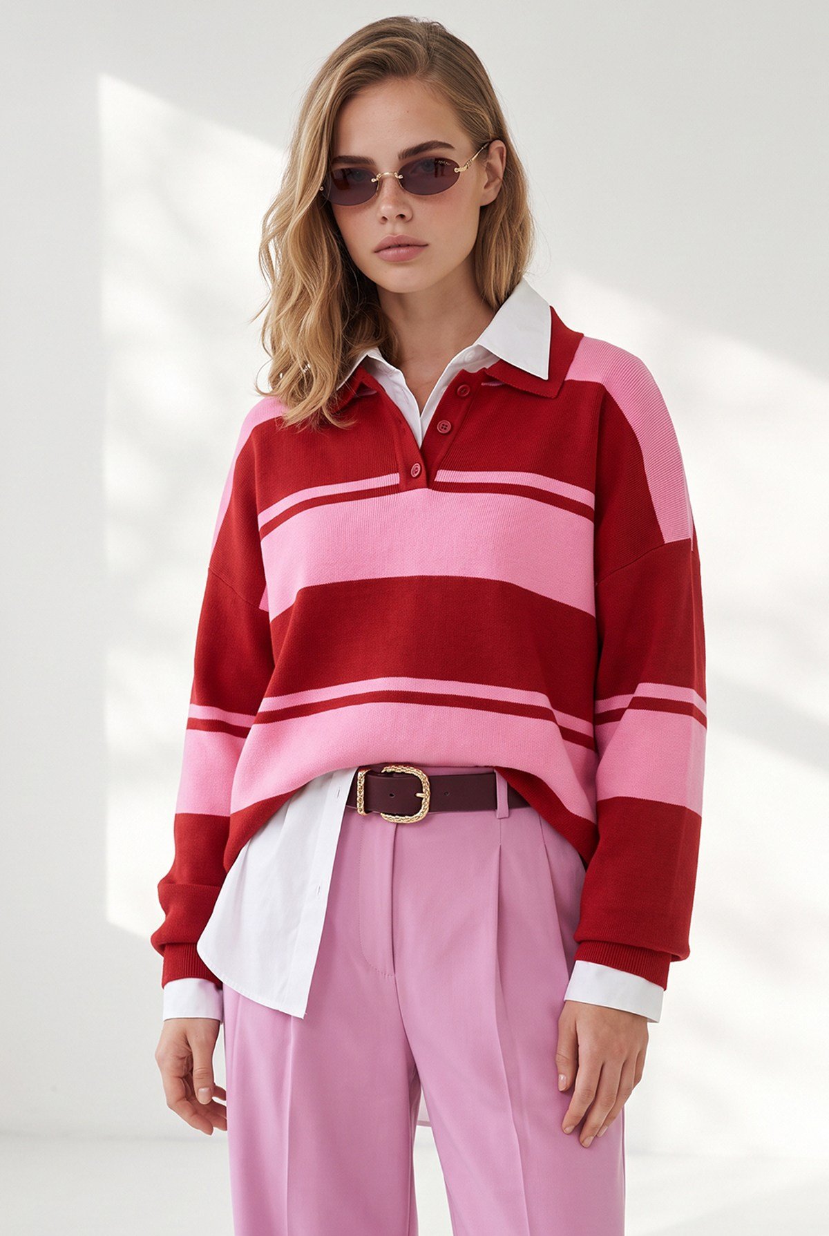 Polo Yaka Oversize Triko Kazak Pembe Kırmızı