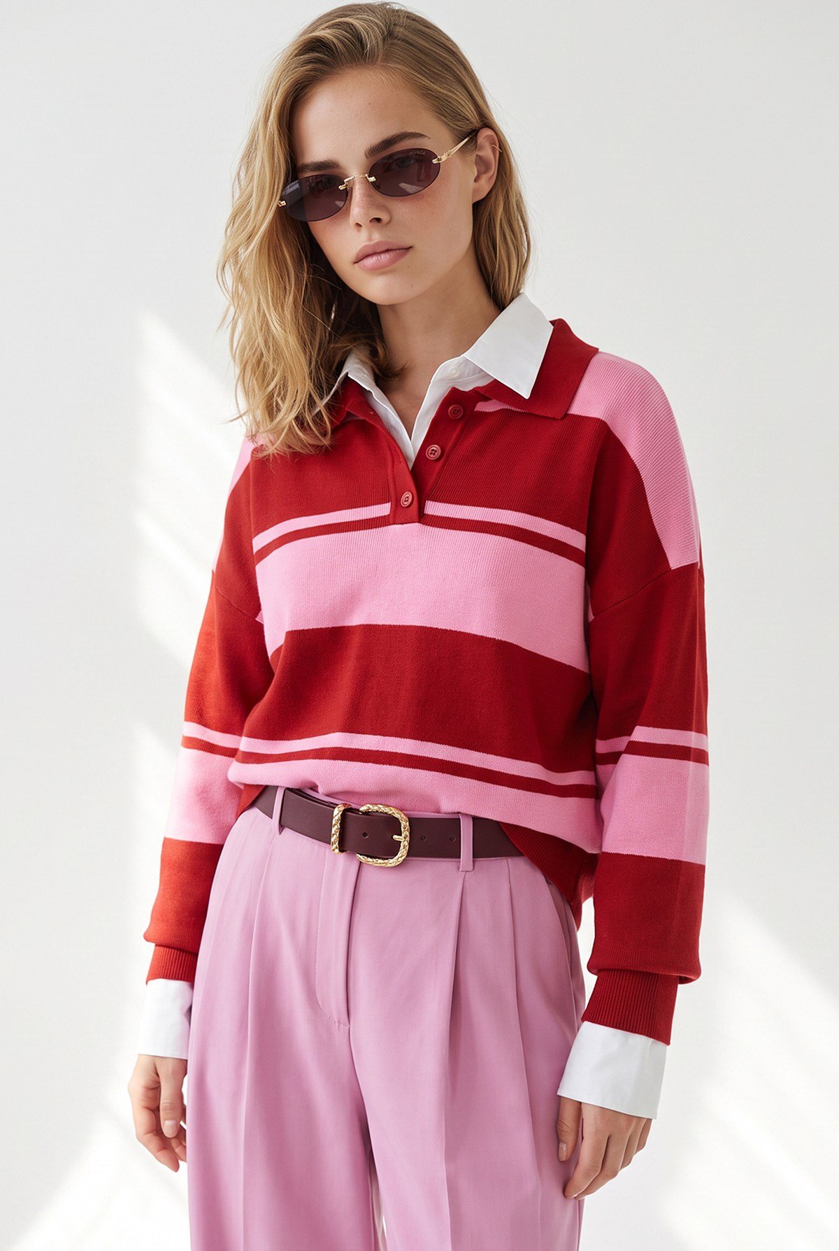 Polo Yaka Oversize Triko Kazak Pembe Kırmızı