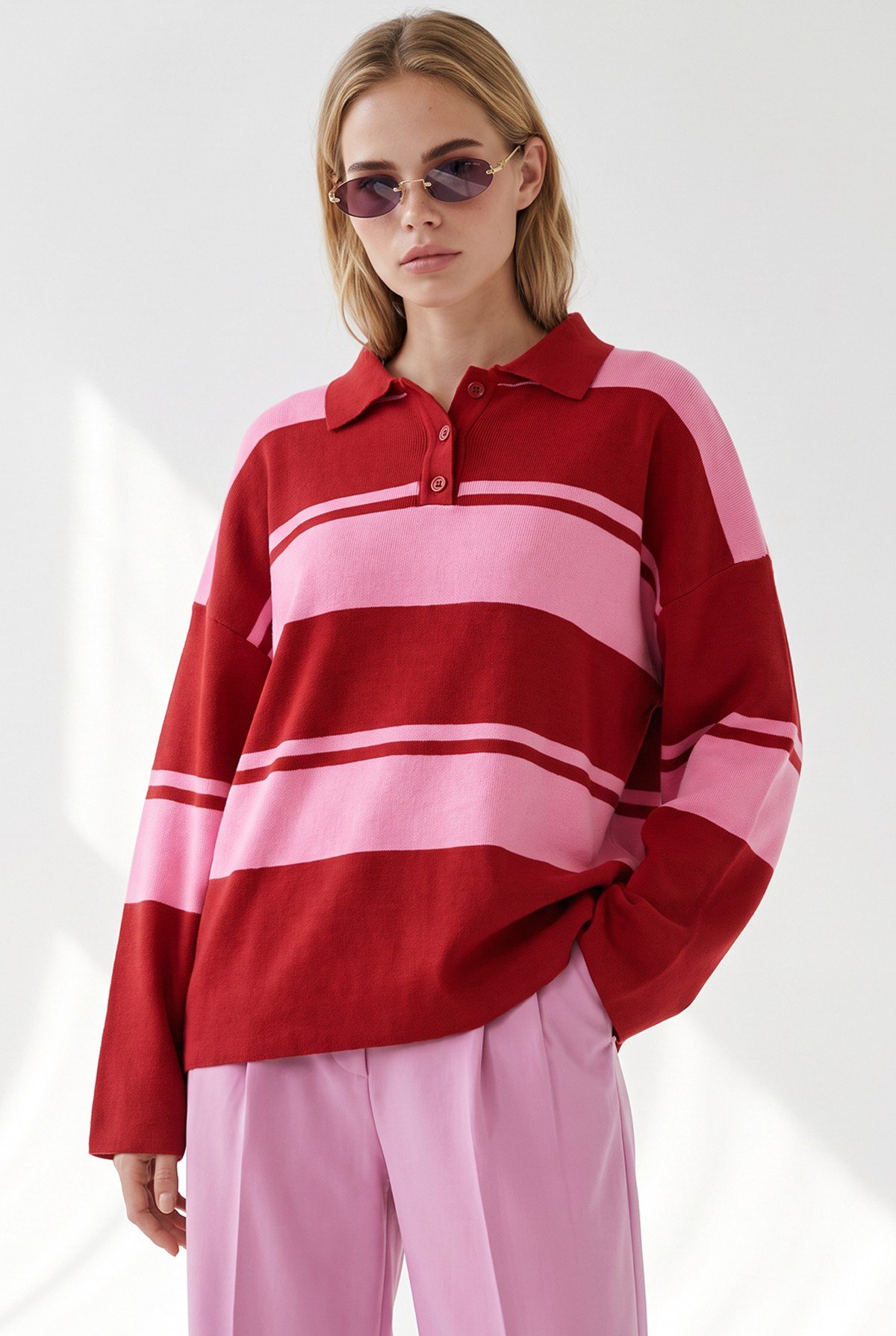 Polo Yaka Oversize Triko Kazak Pembe Kırmızı