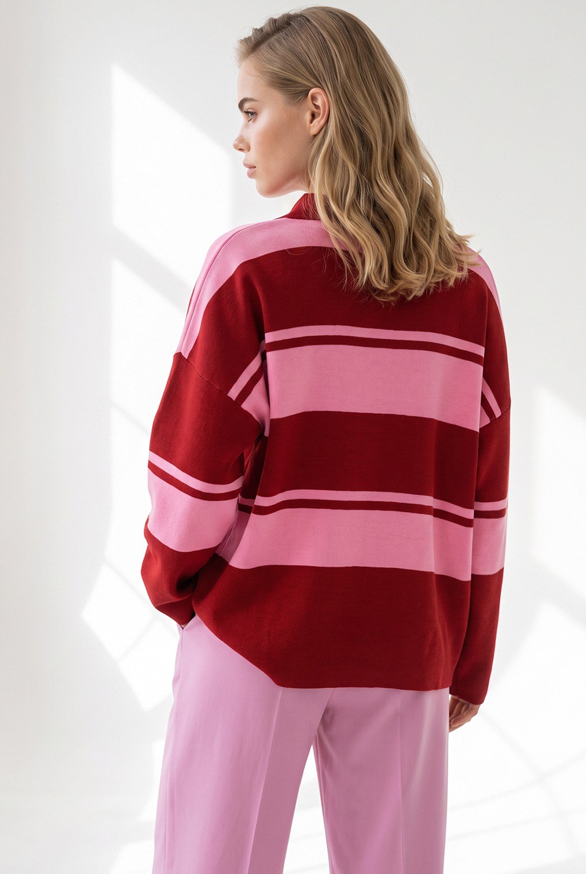 Polo Yaka Oversize Triko Kazak Pembe Kırmızı