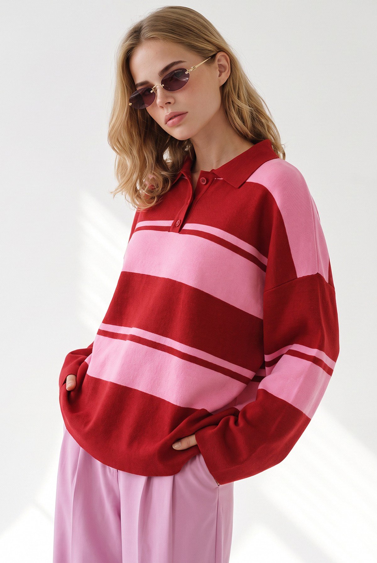 Polo Yaka Oversize Triko Kazak Pembe Kırmızı