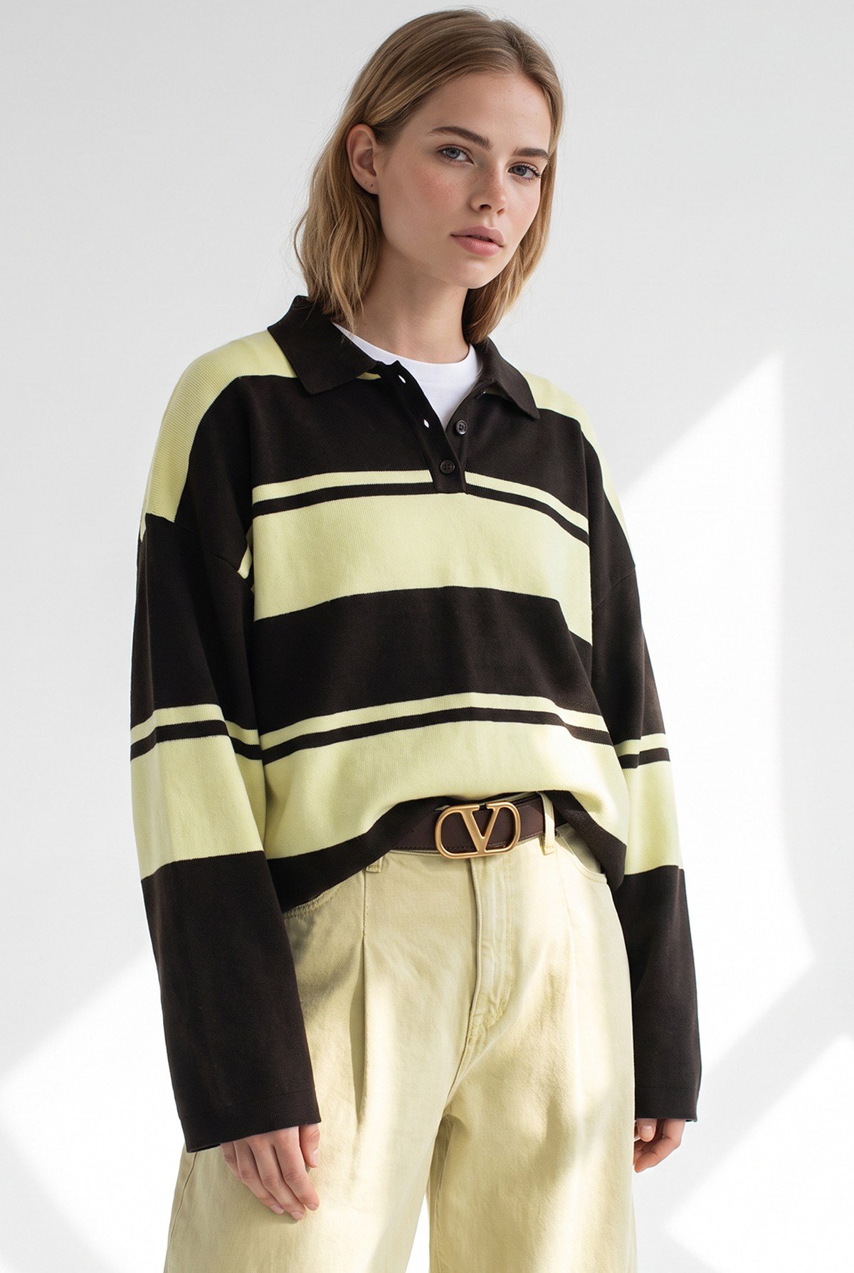 Polo Yaka Oversize Triko Kazak Sarı Kahve